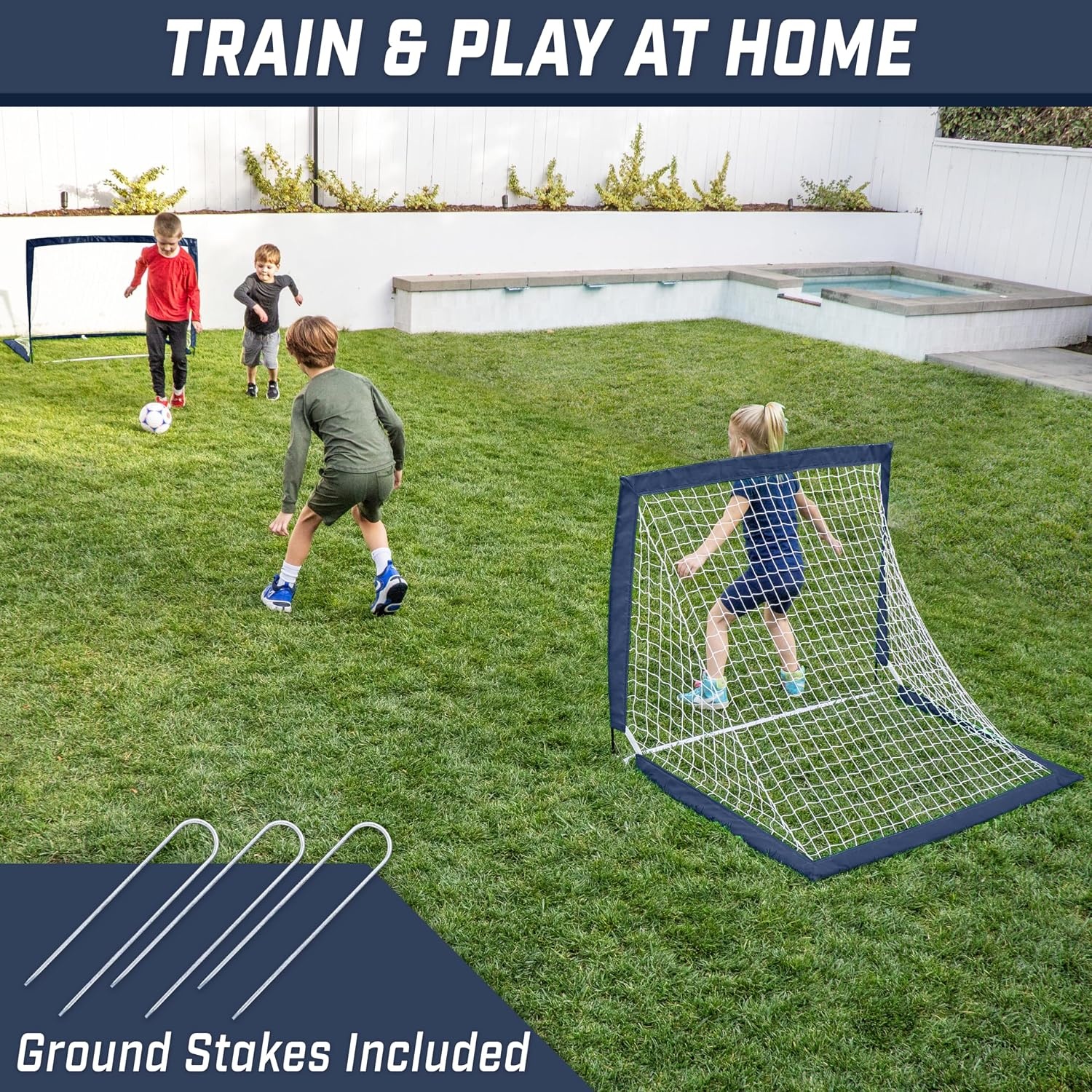 GoSports 4 x 3 ft Portable Soccer Goals for Kids – 13 Colors – Set of 2 Team Tone Pop Up Nets for Backyard(Navy)