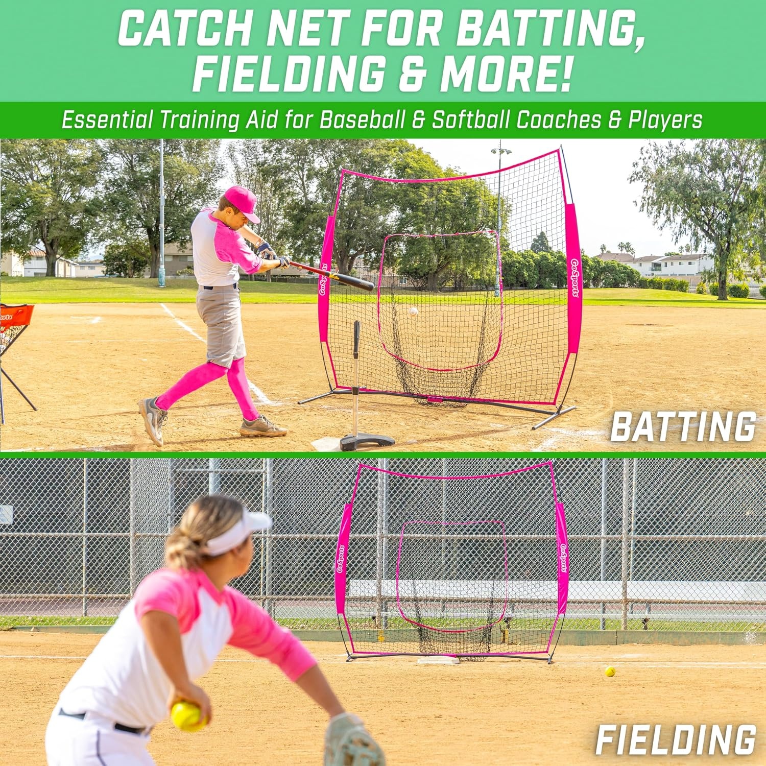 GoSports 7 x 7 ft Baseball & Softball Nets – Available in Team Colors – Batting & Pitching Net with Strike Zone(Pink)