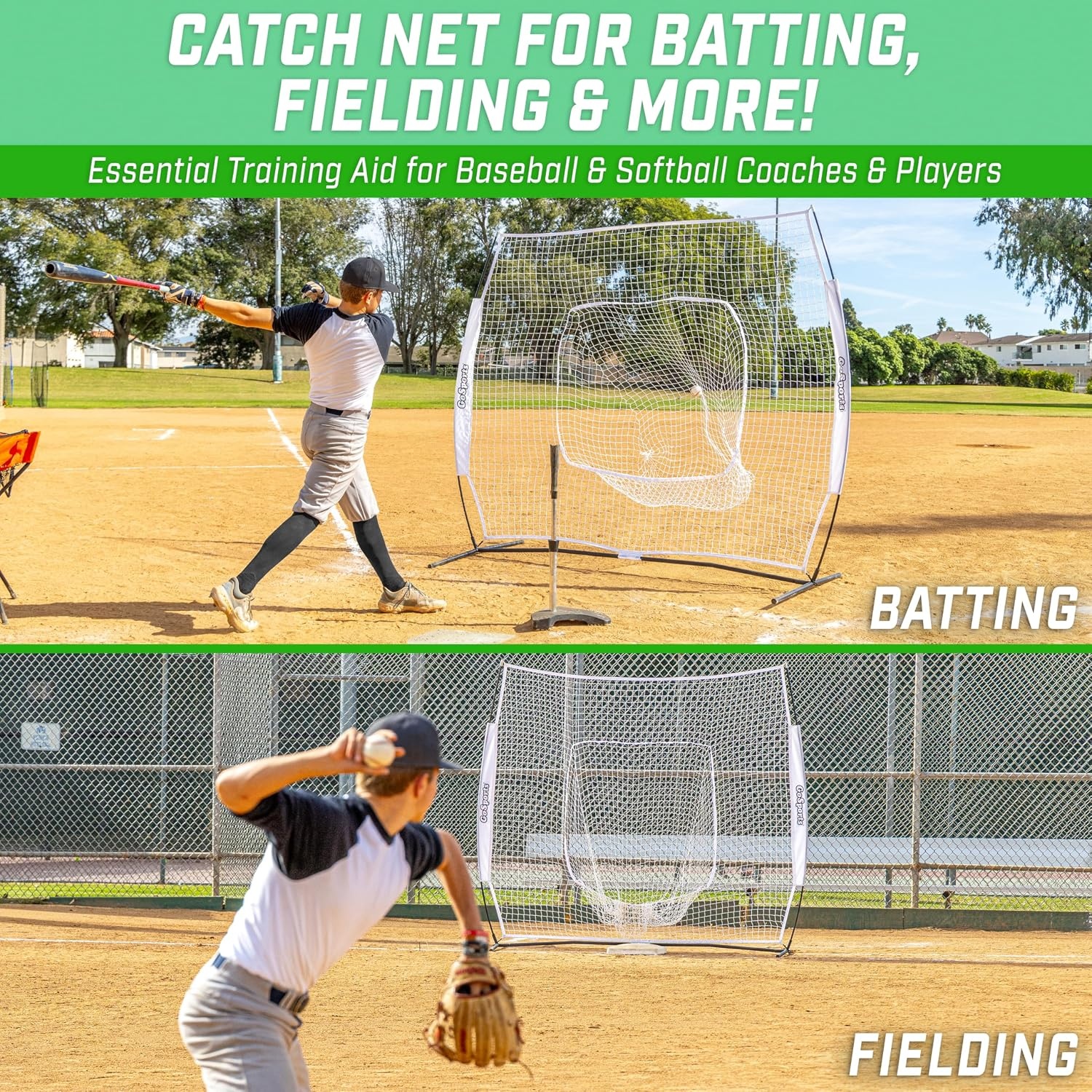 GoSports 7 x 7 ft Baseball & Softball Nets – Available in Team Colors – Batting & Pitching Net with Strike Zone(White)