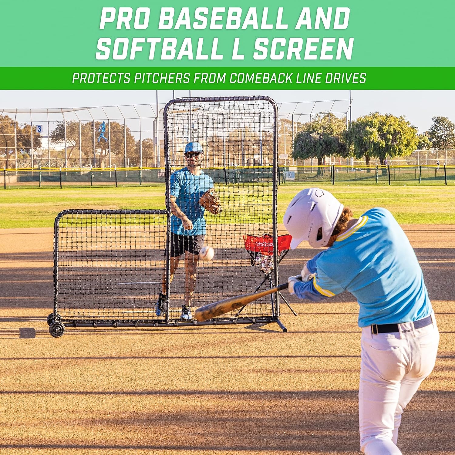 GoSports 7 ft x 7 ft PRO Baseball & Softball L Screen – Pitcher Protection Net with Wheels and Carrying Case