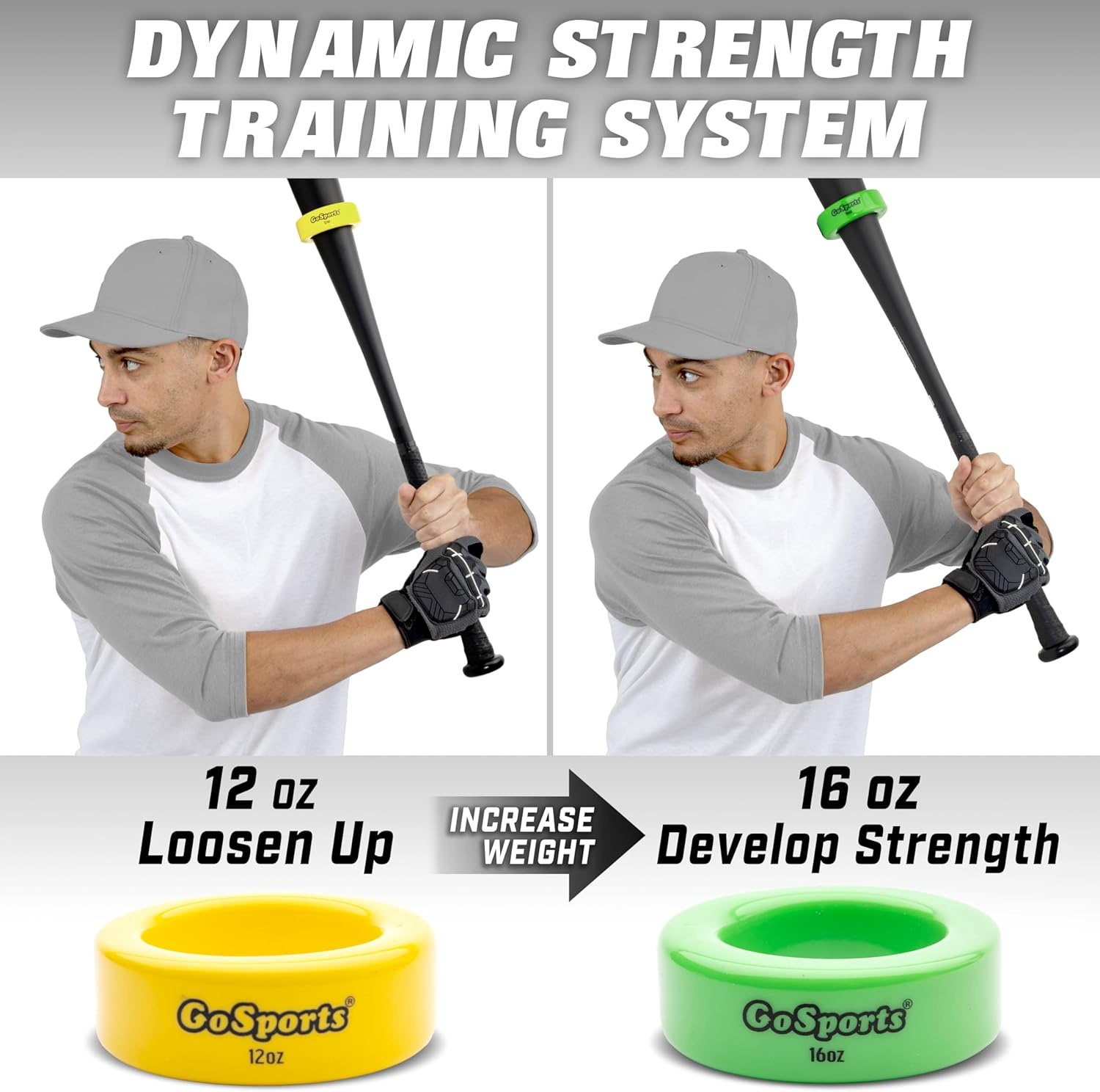 GoSports Baseball and Softball Bat Weights – 2 Pack Baseball Donuts – 16 oz & 12 oz(12 oz; 16 oz (Pack of 10))