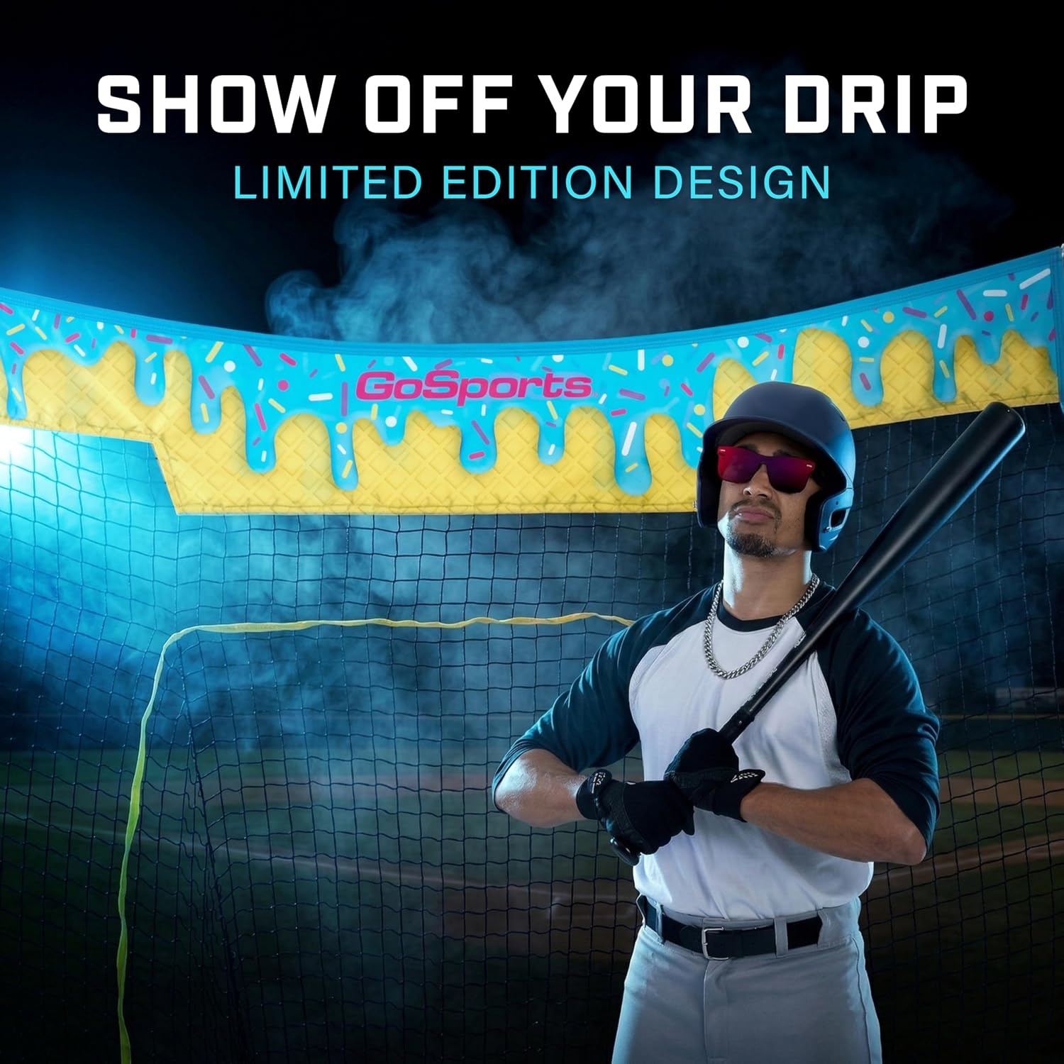 GoSports 7 ft x 7 ft Baseball & Softball Nets – Red, Black, Drip or PRO – Practice Hitting & Pitching Net with Bow Type Frame, Carry Bag and Strike Zone, Great for All Skill Levels(Drip)