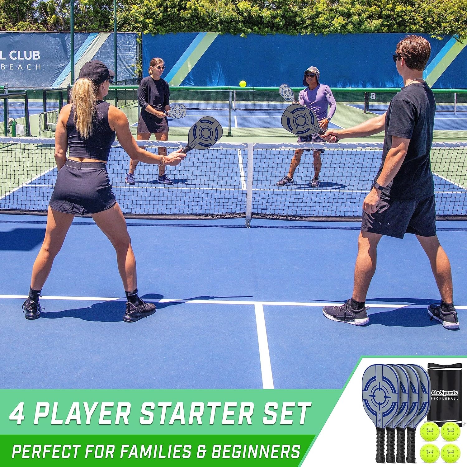GoSports Pickleball Sets – Classic, Retro, Steel Blue, or Yellow – Includes 4 Paddles, 4 Regulation Pickleballs and Carry Case | 4 Paddles(Steel Blue)