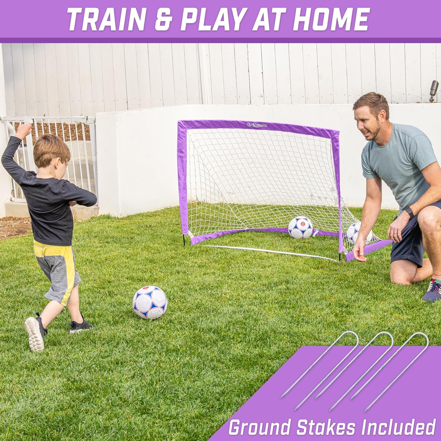 GoSports Portable Soccer Goals for Kids – 13 Color Options – Choose 4 x 3 ft or 6 x 4 ft – Team Tone Pop Up Nets for Backyard(Purple)