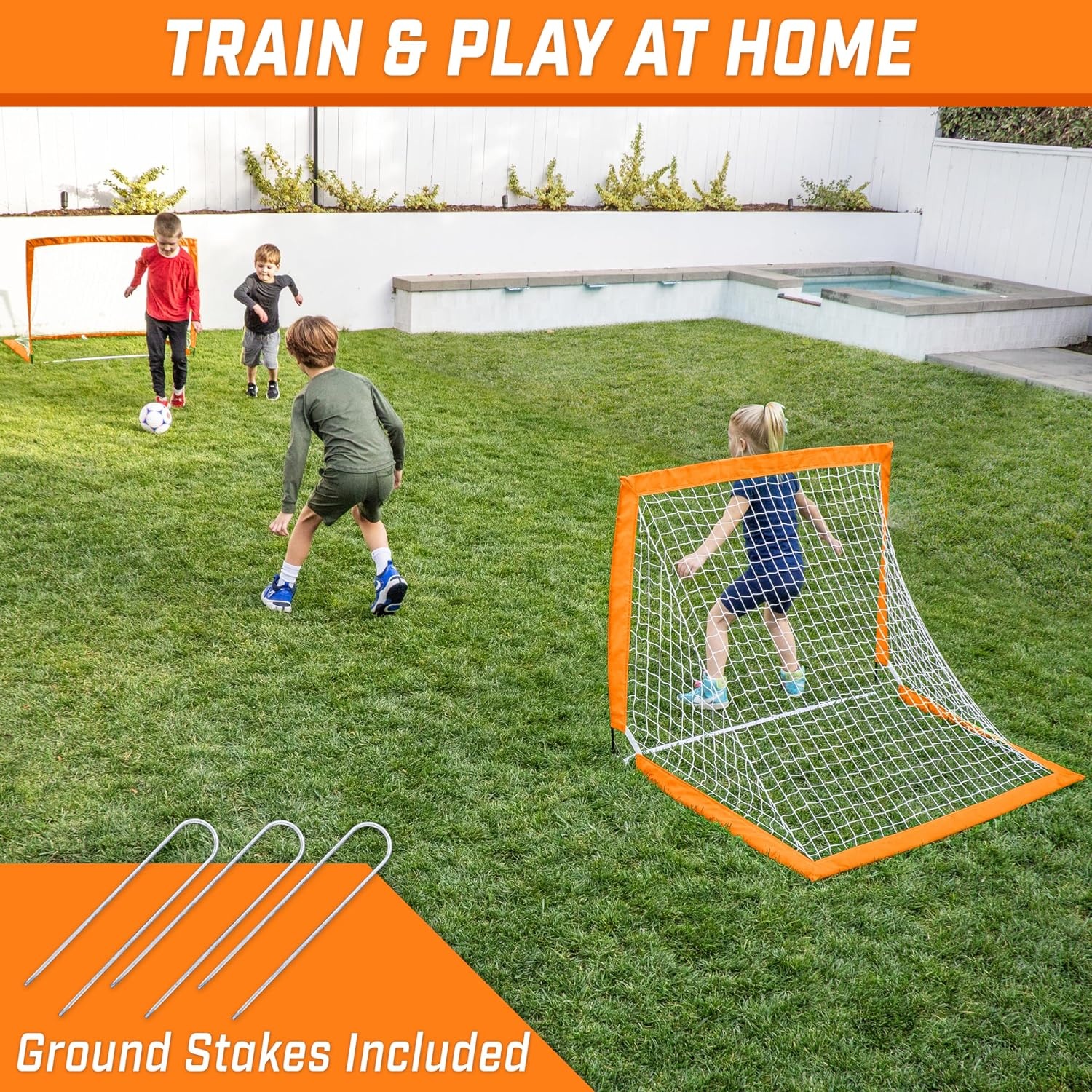GoSports 4 x 3 ft Portable Soccer Goals for Kids – 13 Colors – Set of 2 Team Tone Pop Up Nets for Backyard(Orange)