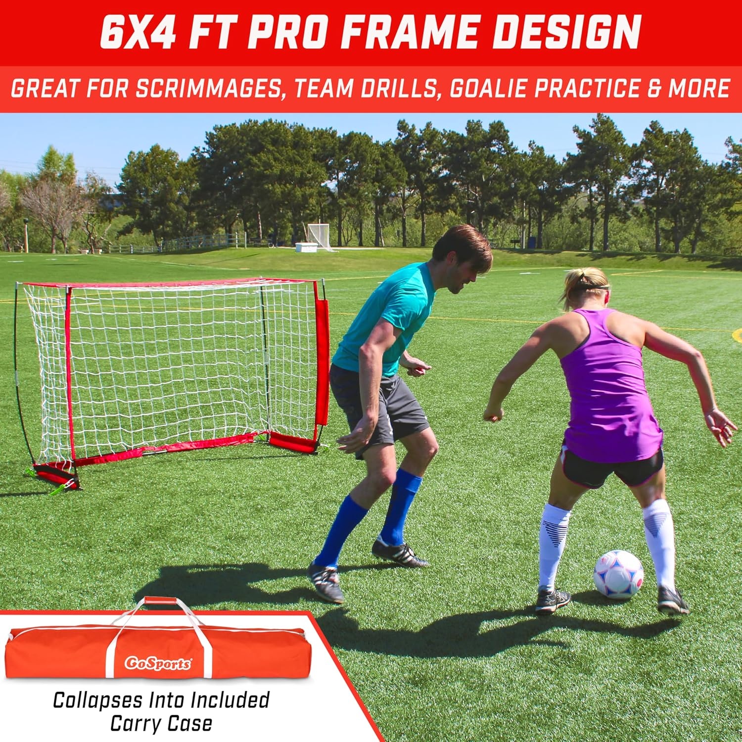 GoSports Elite Soccer Goals – 12 x 6 ft and 6 x 4 ft Portable Soccer Nets for Games or Practice – Includes 6 Cones, Carrying Case, and Ground Stakes(6 x 4 ft – Red)