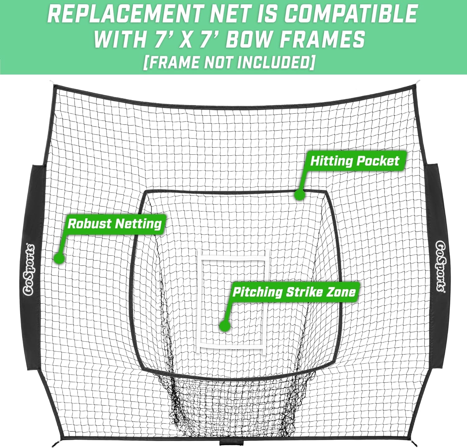 GoSports Replacement 7 x 7 ft Baseball Net – NET ONLY – Frame NOT Included – Choose Your Color(Black)