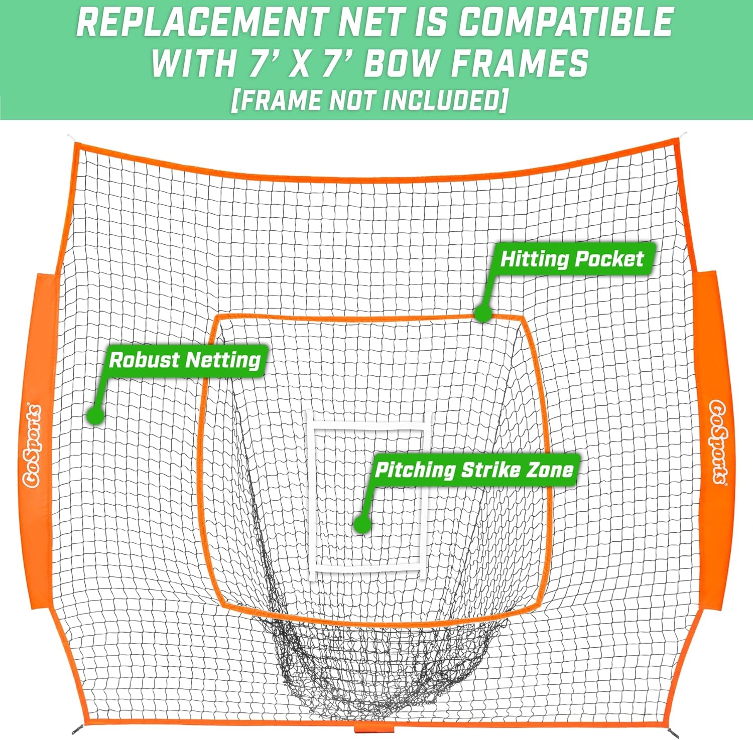GoSports Replacement 7 x 7 ft Baseball Net – NET ONLY – Frame NOT Included – Choose Your Color(Orange)