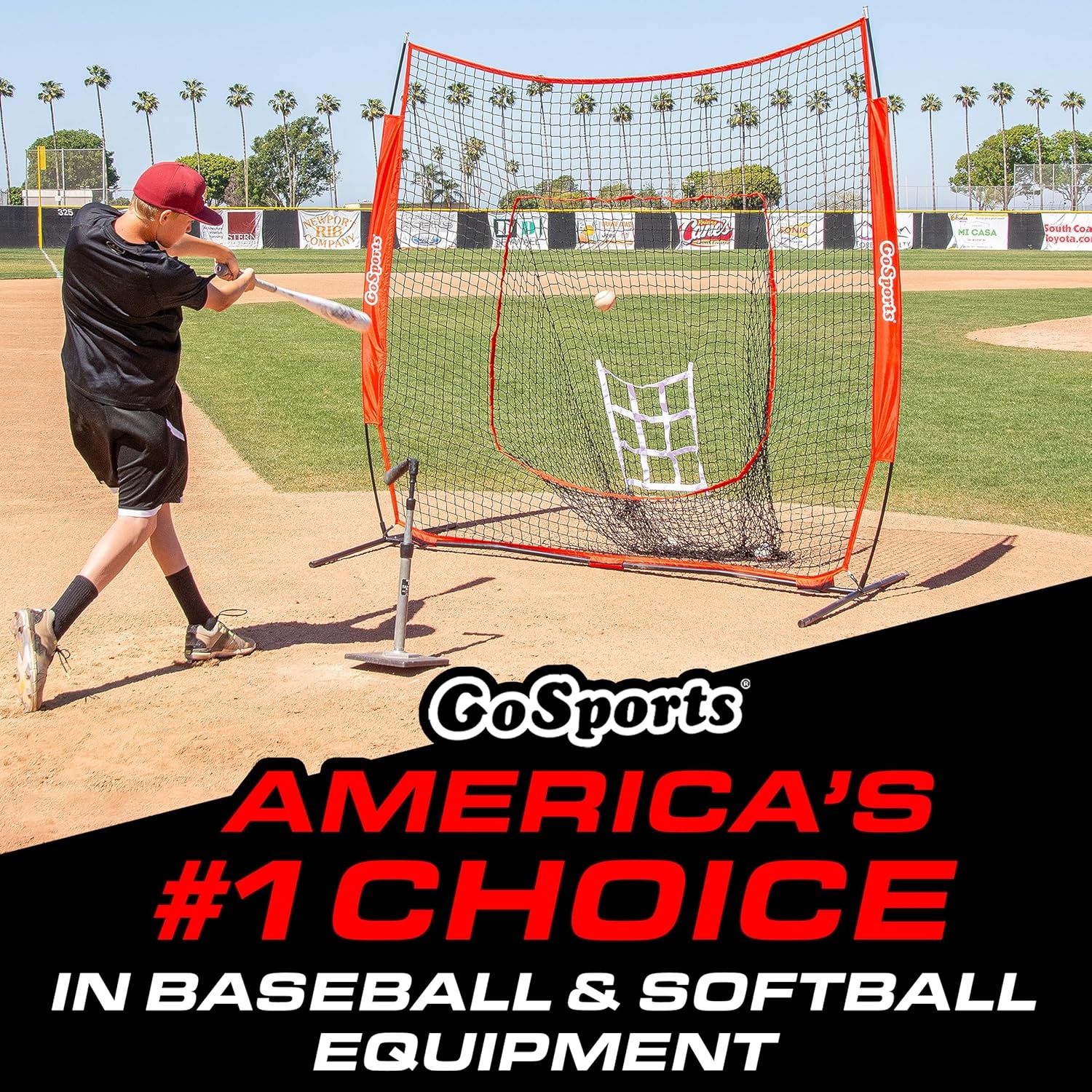 GoSports 7 ft x 7 ft Baseball & Softball Nets – Red, Black, Drip or PRO – Practice Hitting & Pitching Net with Bow Type Frame, Carry Bag and Strike Zone, Great for All Skill Levels(Red)