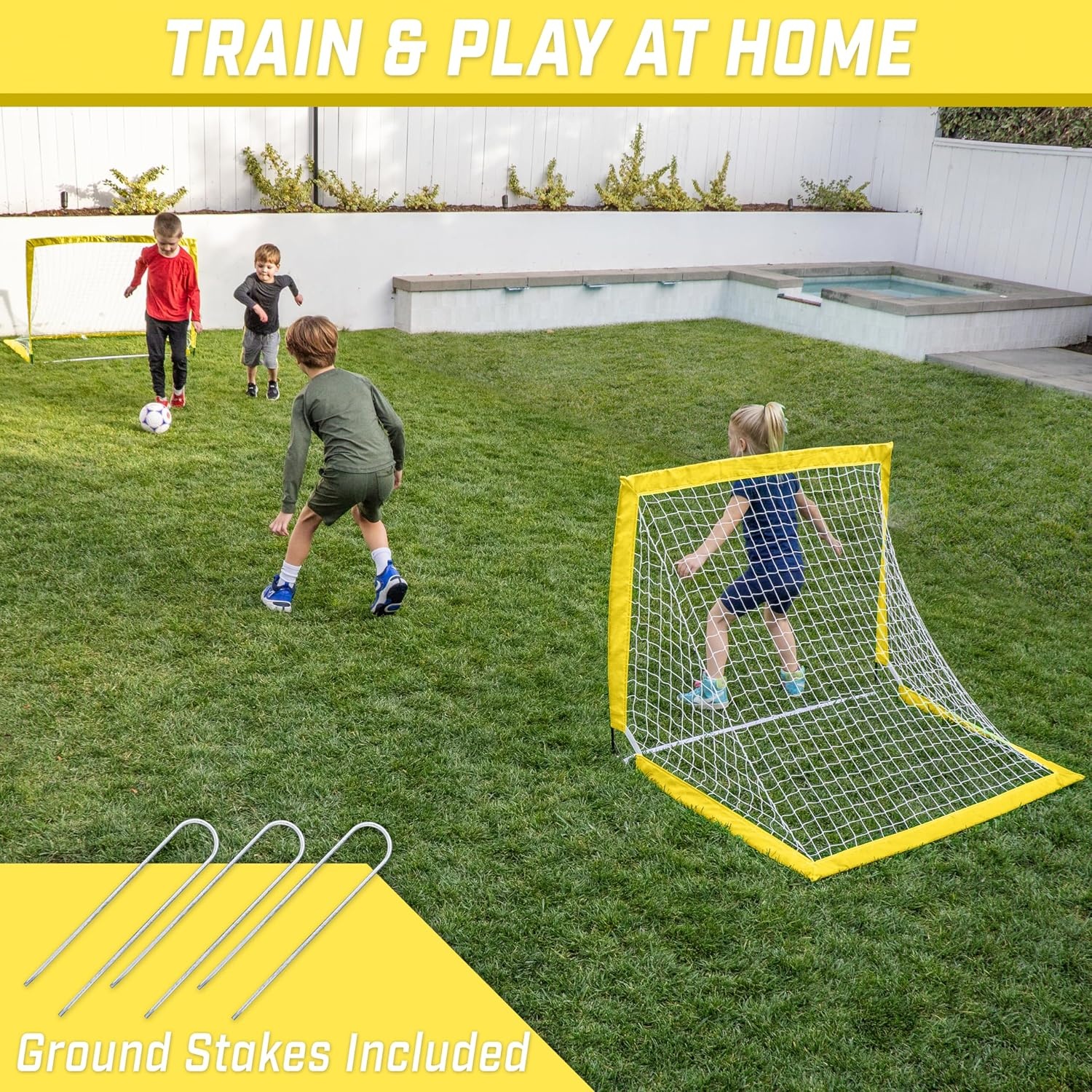 GoSports 4 x 3 ft Portable Soccer Goals for Kids – 13 Colors – Set of 2 Team Tone Pop Up Nets for Backyard(Yellow)