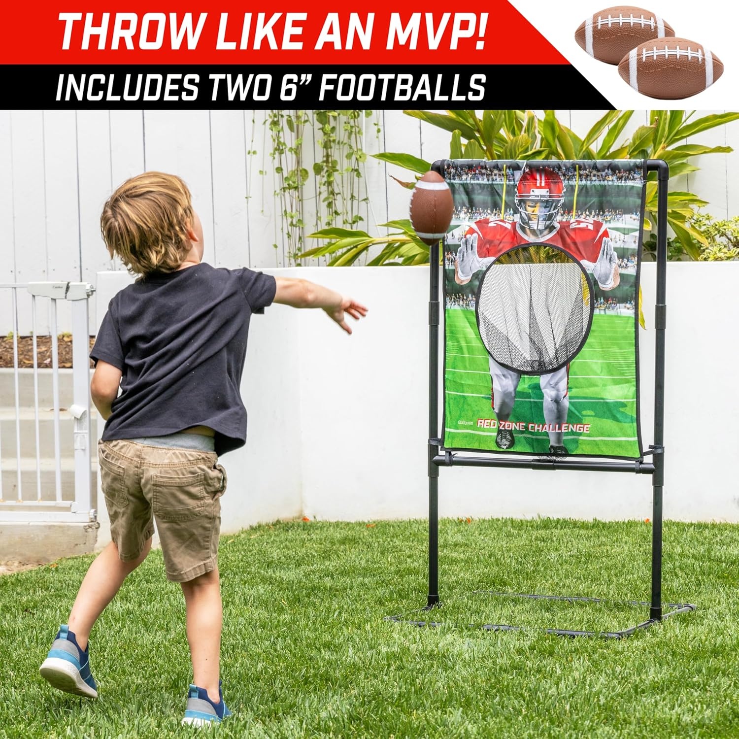 GoSports Red Zone Challenge Football Toss Game for Kids – Football Throwing Target with 2 Inflatable Footballs