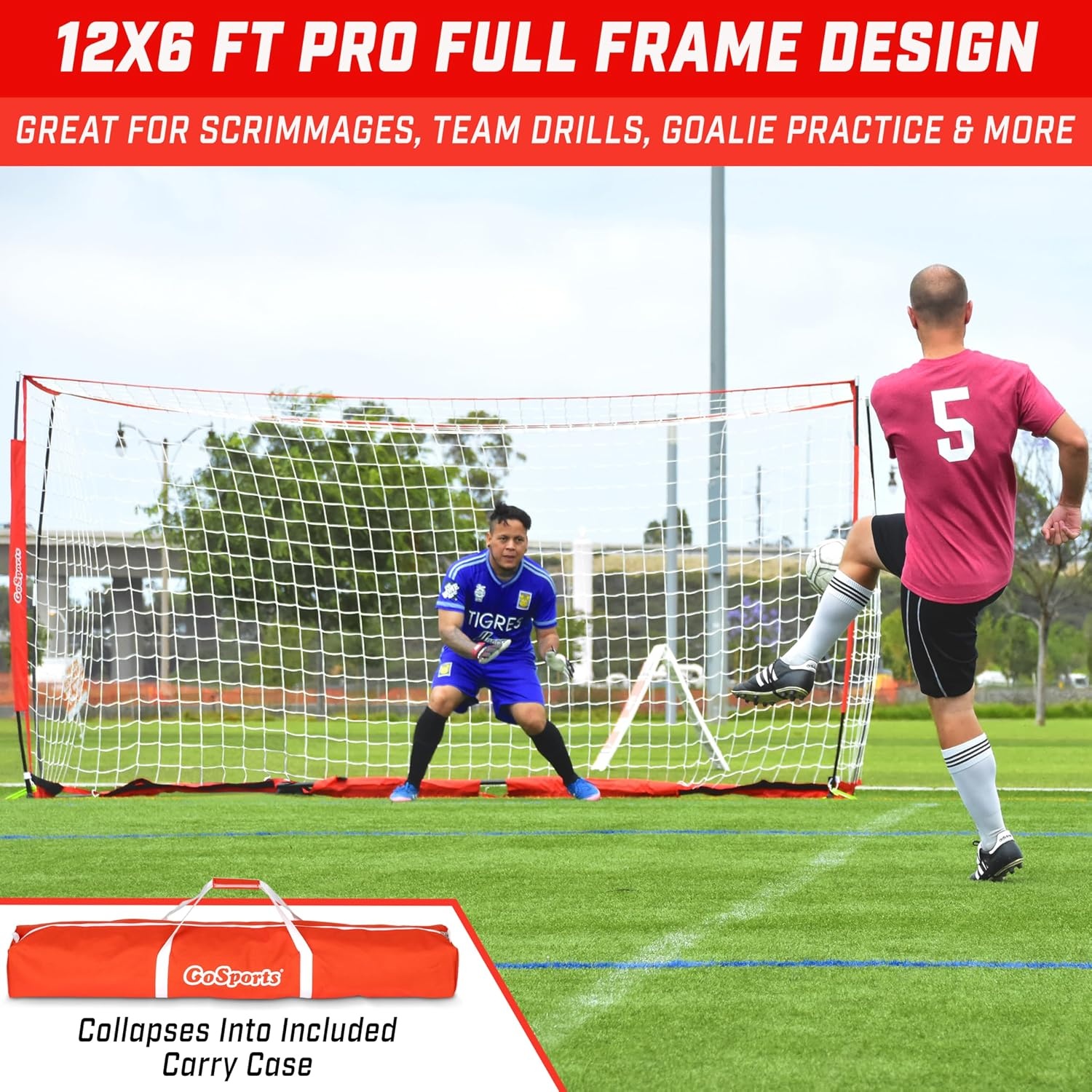 GoSports Elite Soccer Goals – 12 x 6 ft and 6 x 4 ft Portable Soccer Nets for Games or Practice – Includes 6 Cones, Carrying Case, and Ground Stakes(12 x 6 ft – Red)