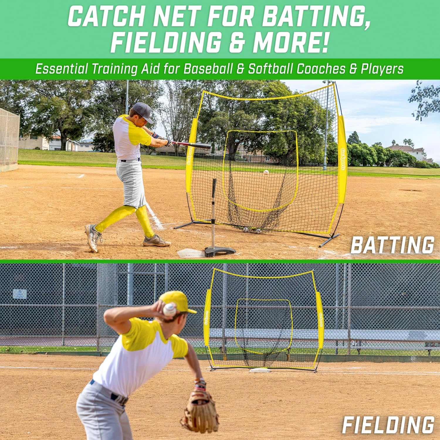 GoSports 7 x 7 ft Baseball & Softball Nets – Available in Team Colors – Batting & Pitching Net with Strike Zone(Yellow)