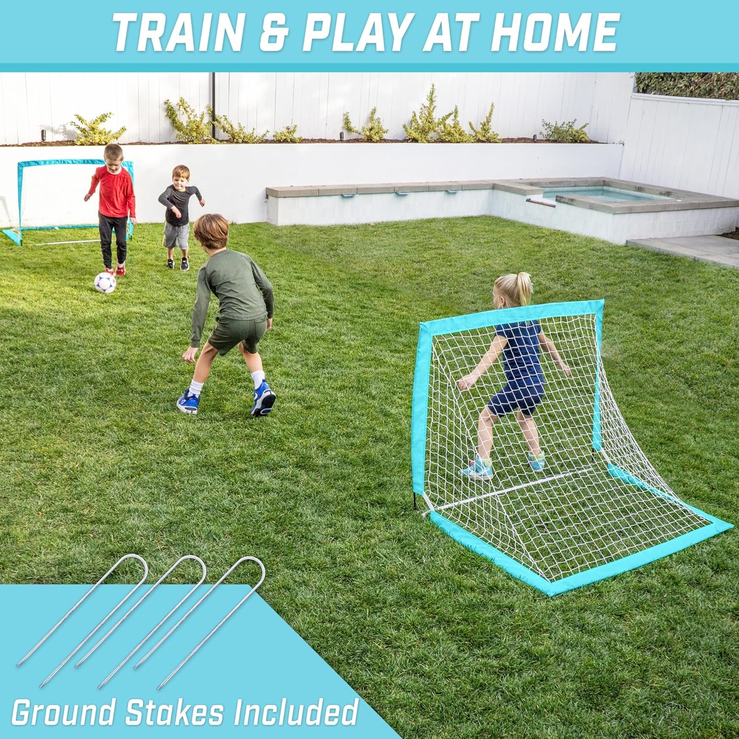 GoSports 4 x 3 ft Portable Soccer Goals for Kids – 13 Colors – Set of 2 Team Tone Pop Up Nets for Backyard(Light Blue)