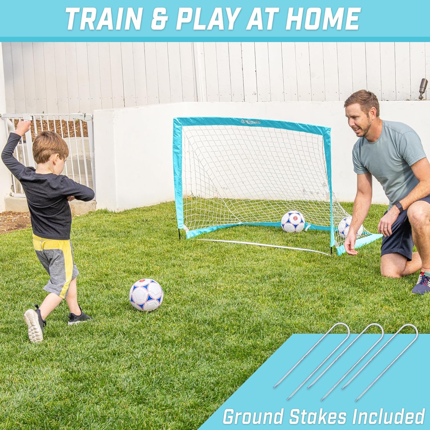 GoSports Portable Soccer Goals for Kids – 13 Color Options – Choose 4 x 3 ft or 6 x 4 ft – Team Tone Pop Up Nets for Backyard(Light Blue)