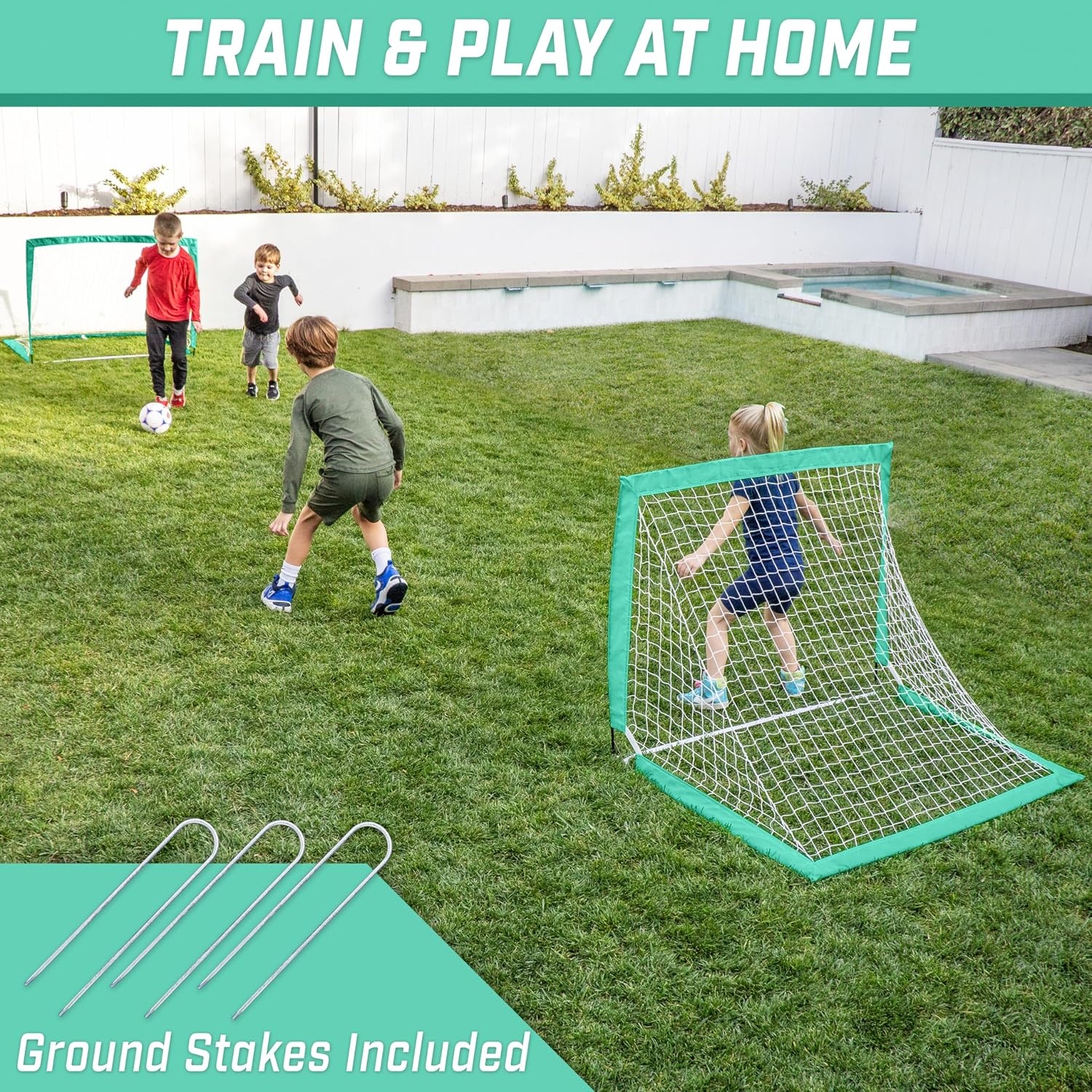 GoSports 4 x 3 ft Portable Soccer Goals for Kids – 13 Colors – Set of 2 Team Tone Pop Up Nets for Backyard(Turquoise)