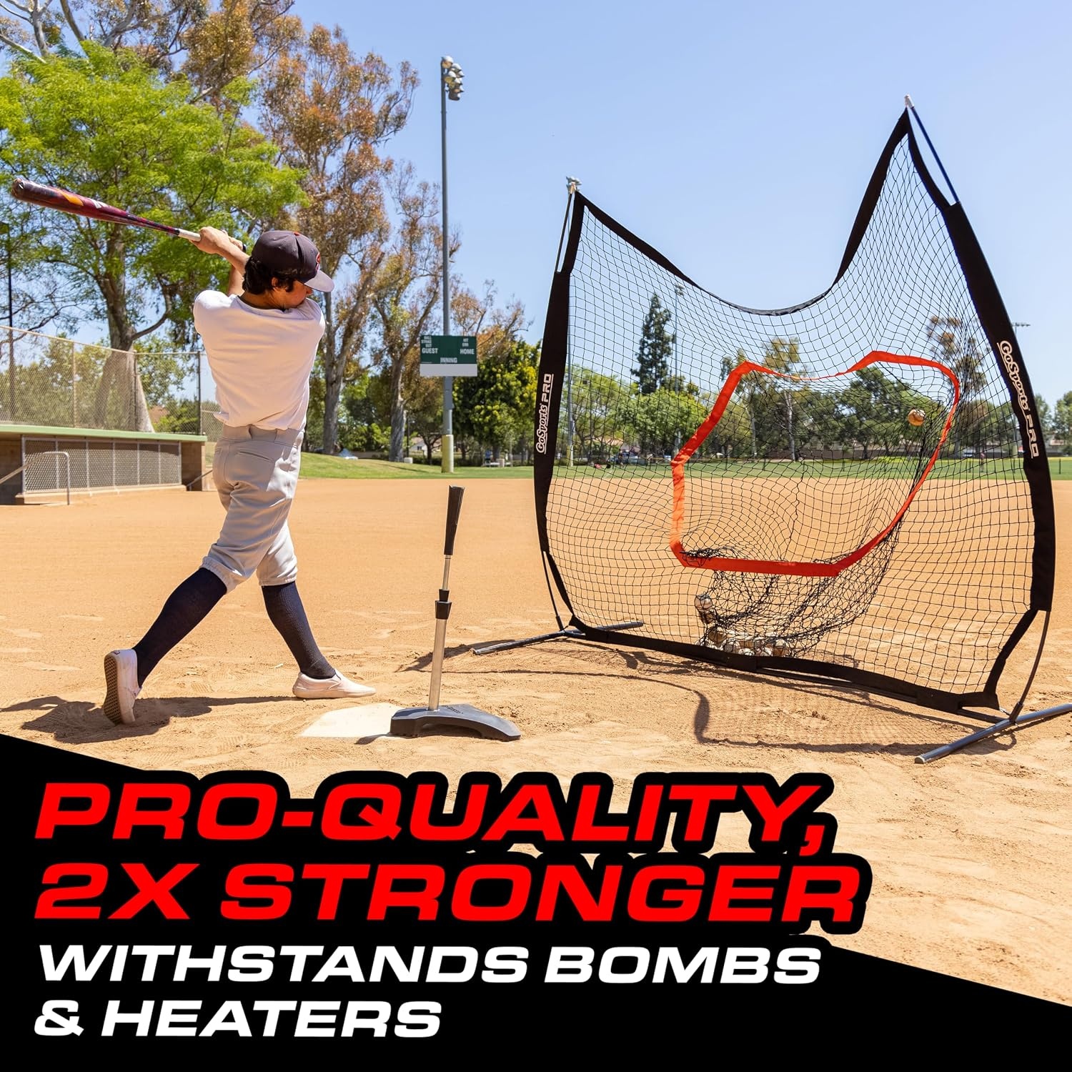 GoSports 7 ft x 7 ft Baseball & Softball Nets – Red, Black, Drip or PRO – Practice Hitting & Pitching Net with Bow Type Frame, Carry Bag and Strike Zone, Great for All Skill Levels(Pro)
