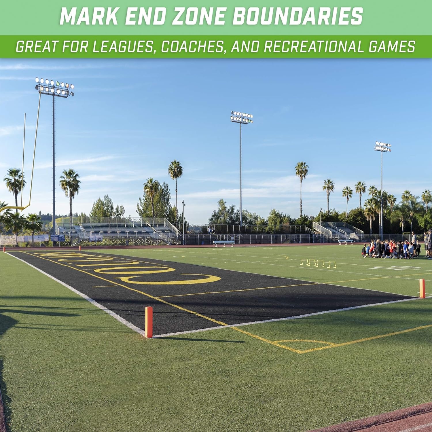 GoSports Football End Zone Pylons – Set of 4, Regulation 18 Inch x 4 Inch Sand Weighted Anchorless Football Field Markers