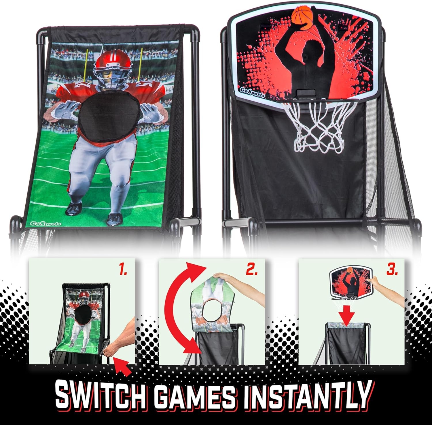 GoSports 2 in 1 Basketball and Football Toss Arcade Game for Kids Ages 3 to 8 Indoor and Outdoor Sports Toy with Hoop, Target, Balls & Pump for Backyard and Playroom Fun