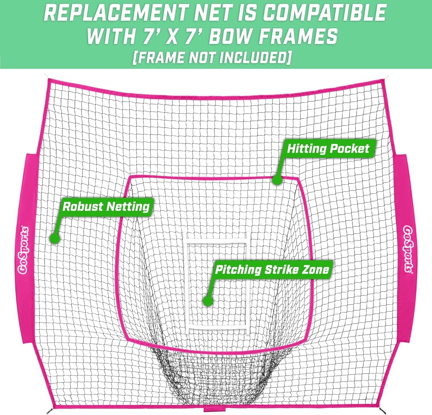 GoSports Replacement 7 x 7 ft Baseball Net – NET ONLY – Frame NOT Included – Choose Your Color(Pink)