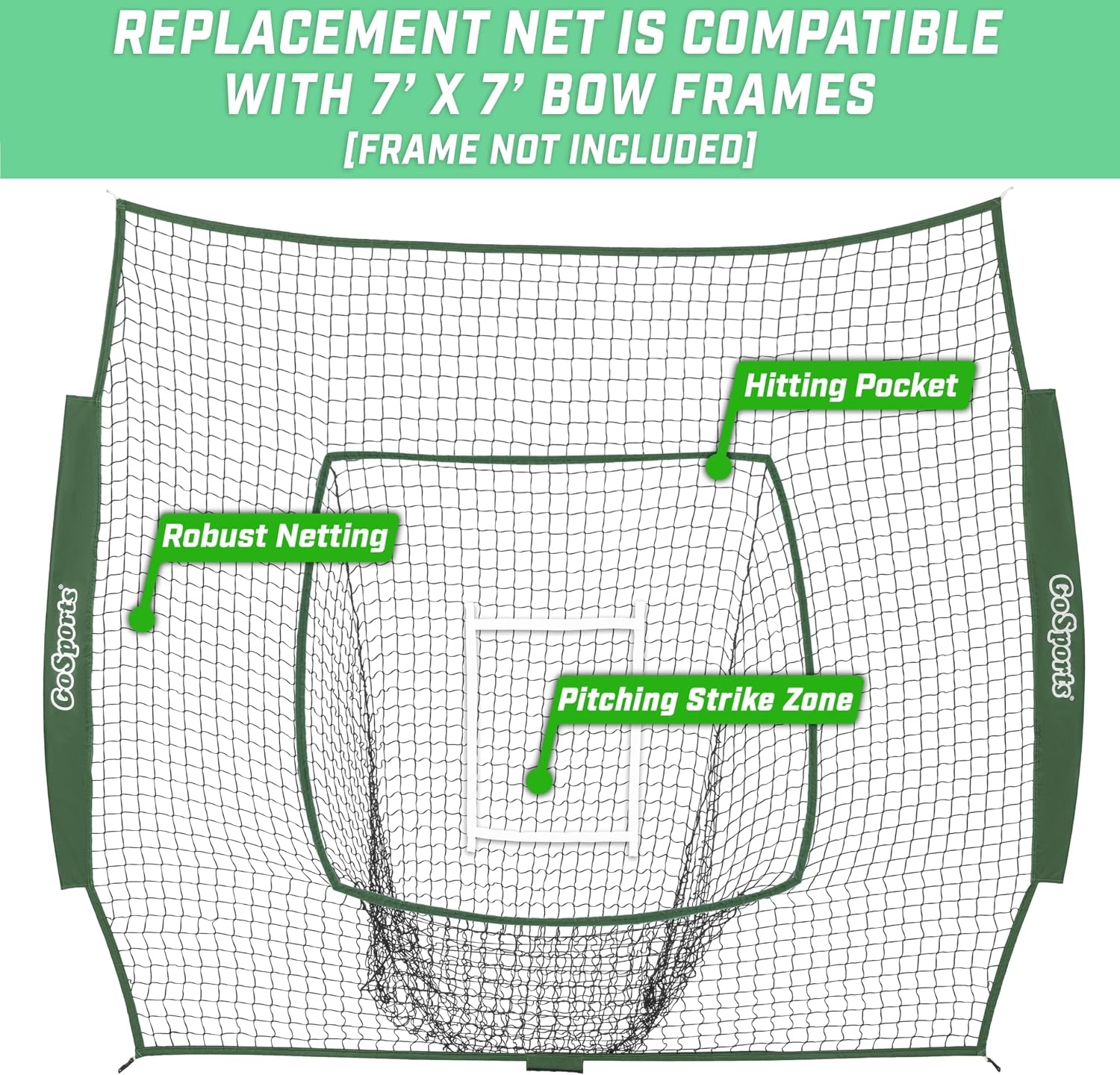 GoSports Replacement 7 x 7 ft Baseball Net – NET ONLY – Frame NOT Included – Choose Your Color(Green)