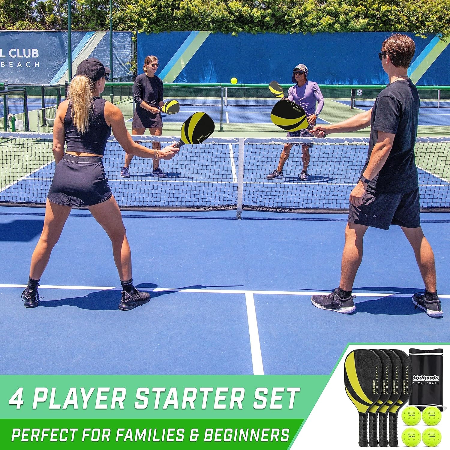 GoSports Pickleball Sets – Classic, Retro, Steel Blue, or Yellow – Includes 4 Paddles, 4 Regulation Pickleballs and Carry Case | 4 Paddles(Yellow)