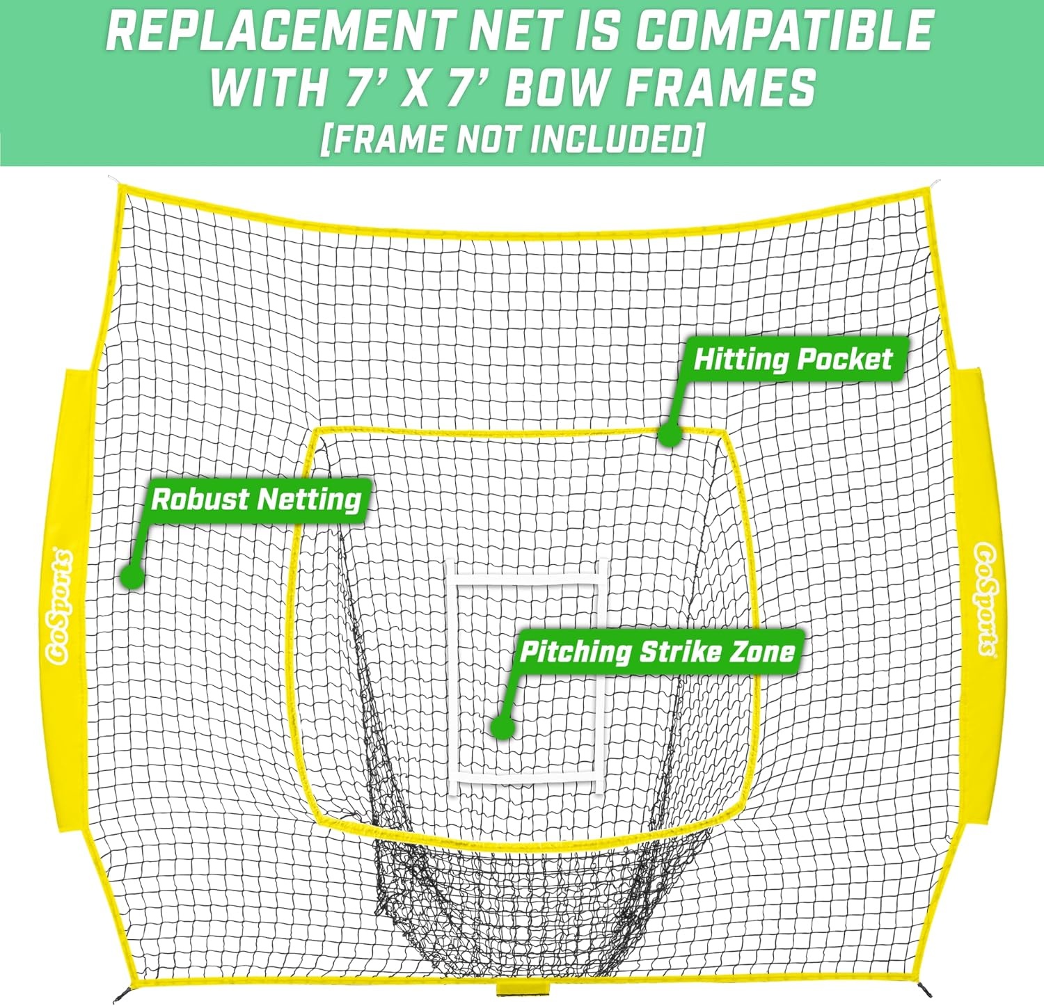 GoSports Replacement 7 x 7 ft Baseball Net – NET ONLY – Frame NOT Included – Choose Your Color(Yellow)