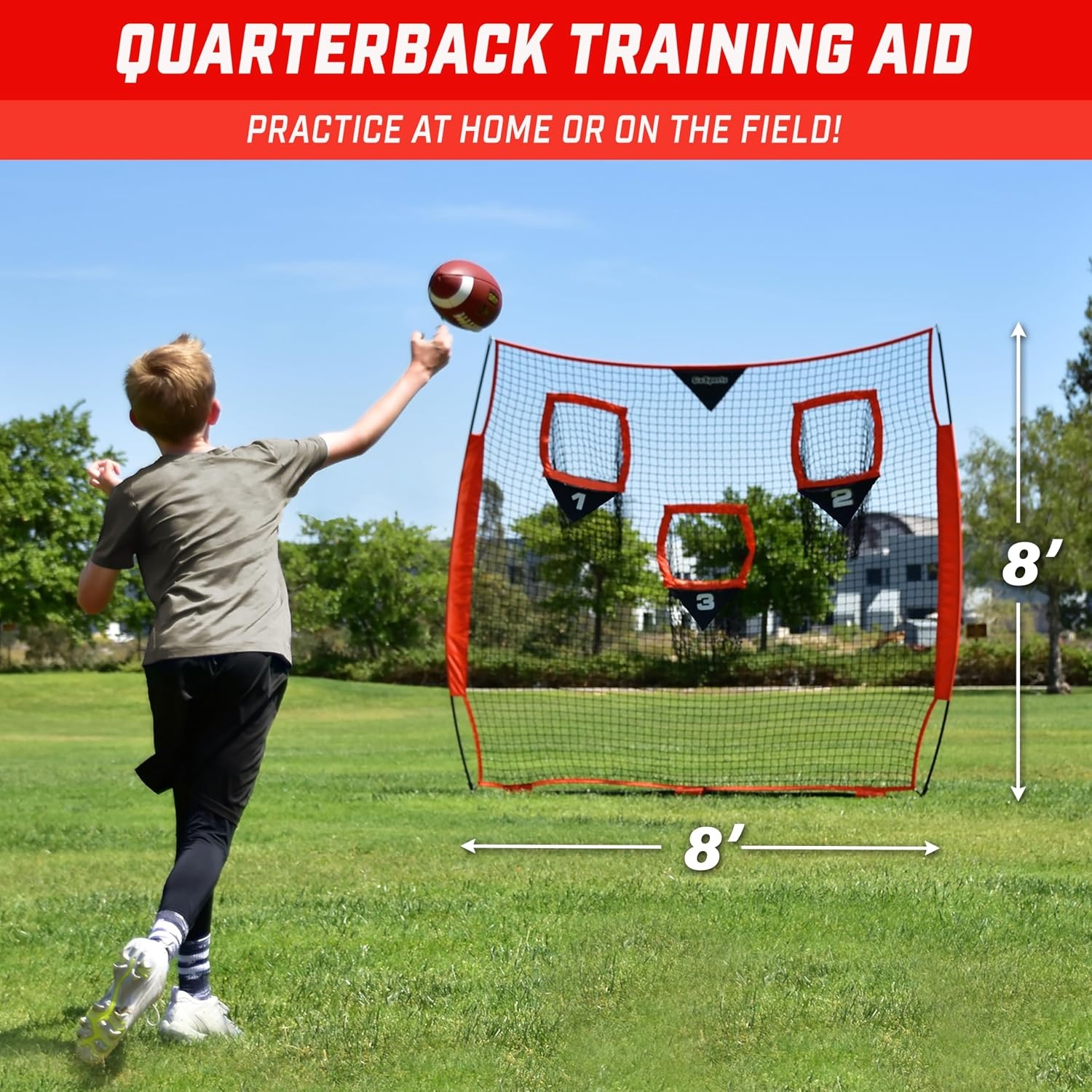 GoSports Football Throwing Net – 8 x 8 ft or 6 x 6 ft Nets – Choose Black or Red(8 x 8 ft Red)