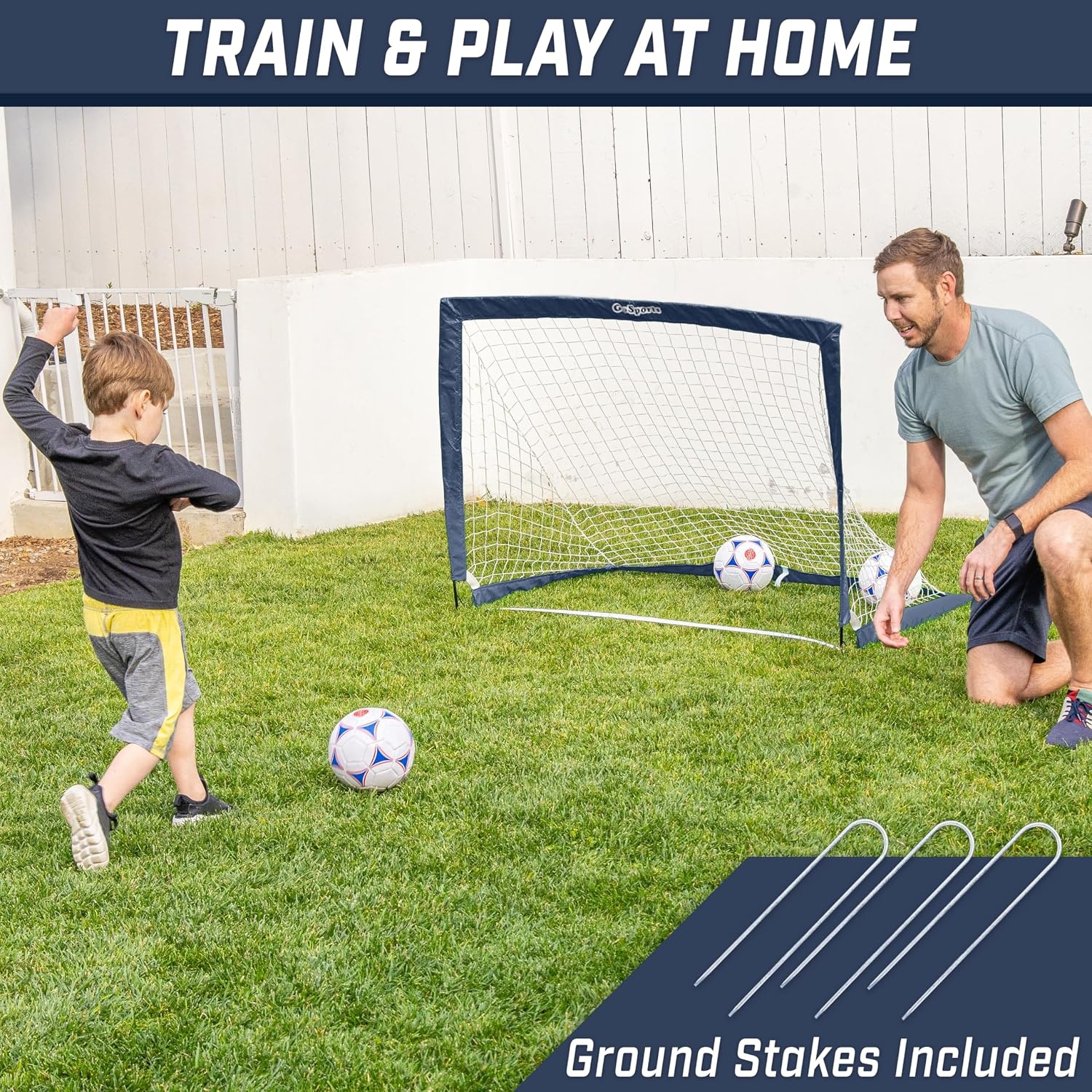 GoSports Portable Soccer Goals for Kids – 13 Color Options – Choose 4 x 3 ft or 6 x 4 ft – Team Tone Pop Up Nets for Backyard(Navy)