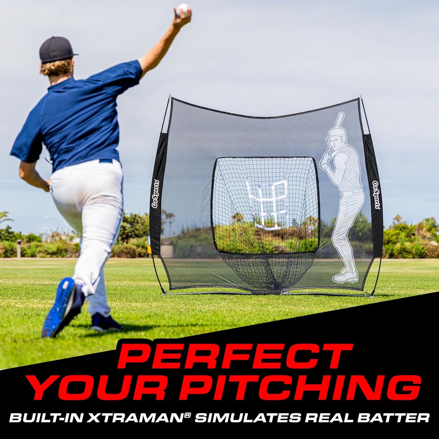 GoSports 7 x 7 ft Advanced Baseball & Softball Net with Xtraman Batter – Portable Hitting & Pitching Practice Net