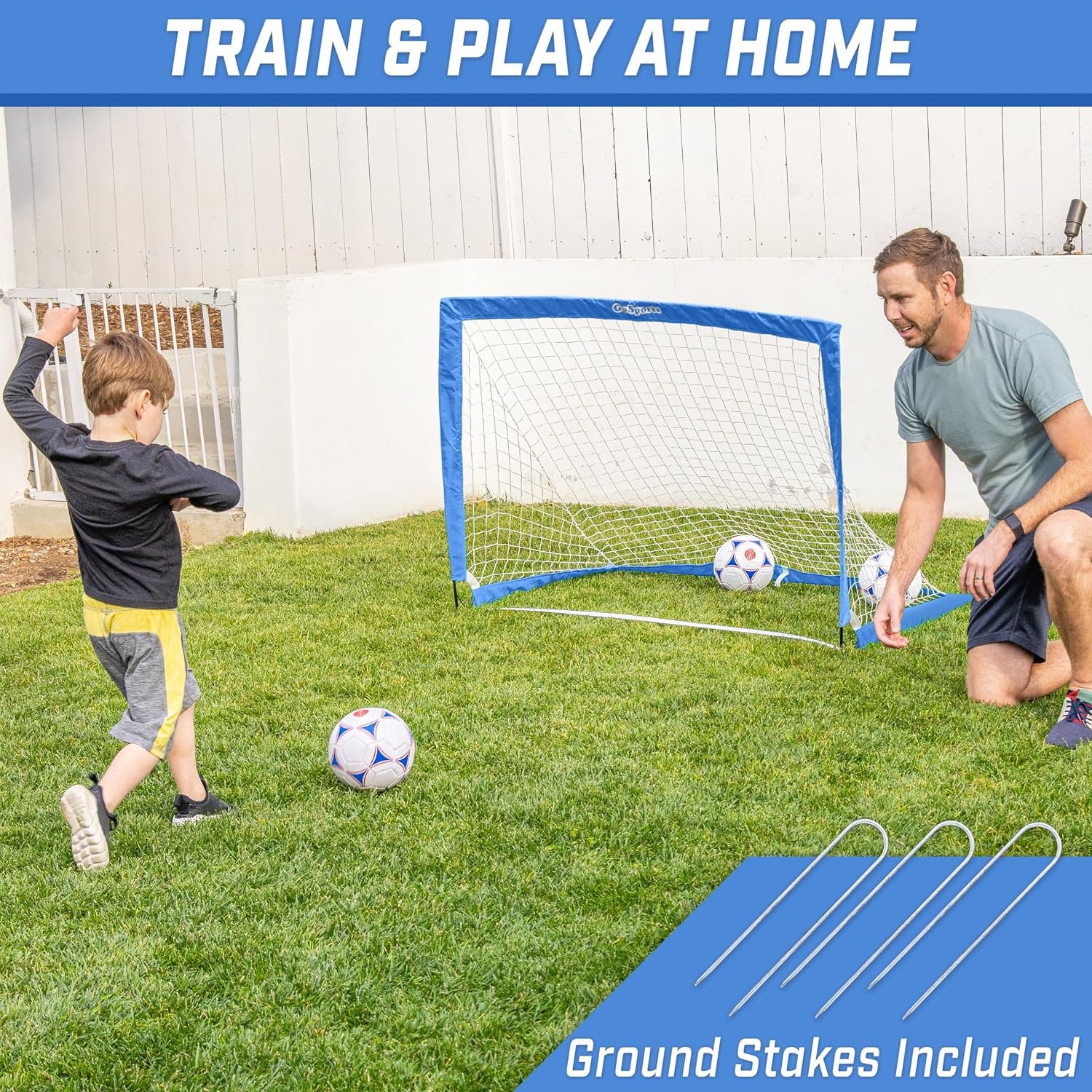 GoSports Portable Soccer Goals for Kids – 13 Color Options – Choose 4 x 3 ft or 6 x 4 ft – Team Tone Pop Up Nets for Backyard(Royal Blue)