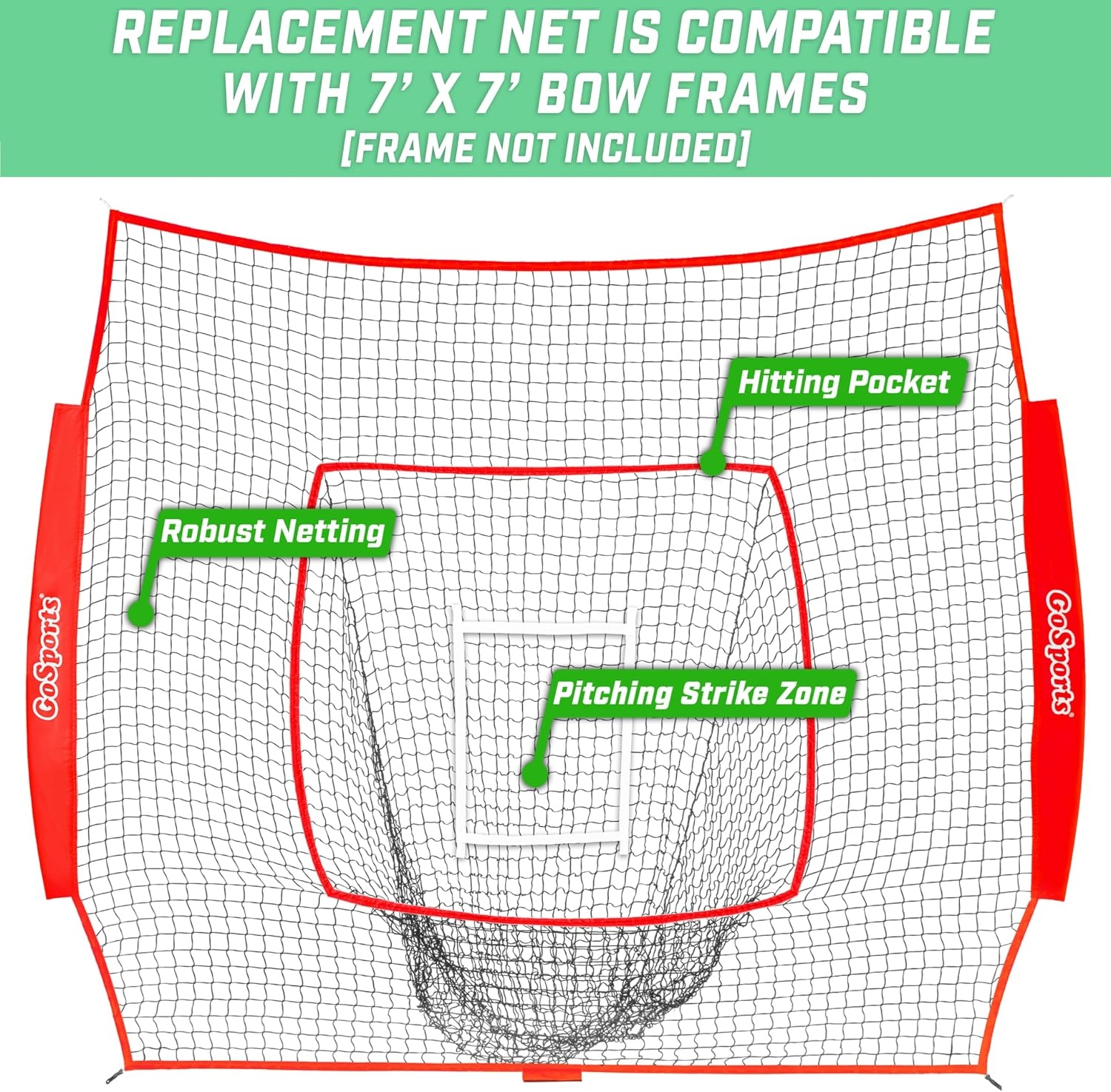 GoSports Replacement 7 x 7 ft Baseball Net – NET ONLY – Frame NOT Included – Choose Your Color(Red)