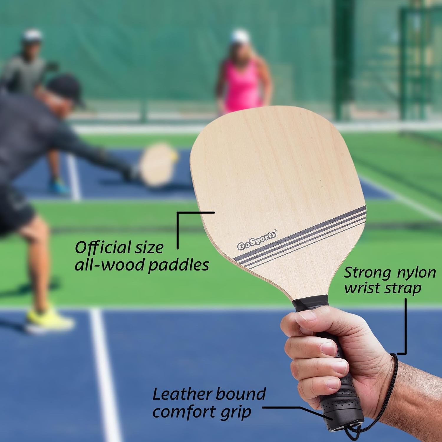 GoSports Wood Pickle Ball Starter Set – Includes 2 Wooden Paddles, 4 Official Pickleballs & Backpack Tote