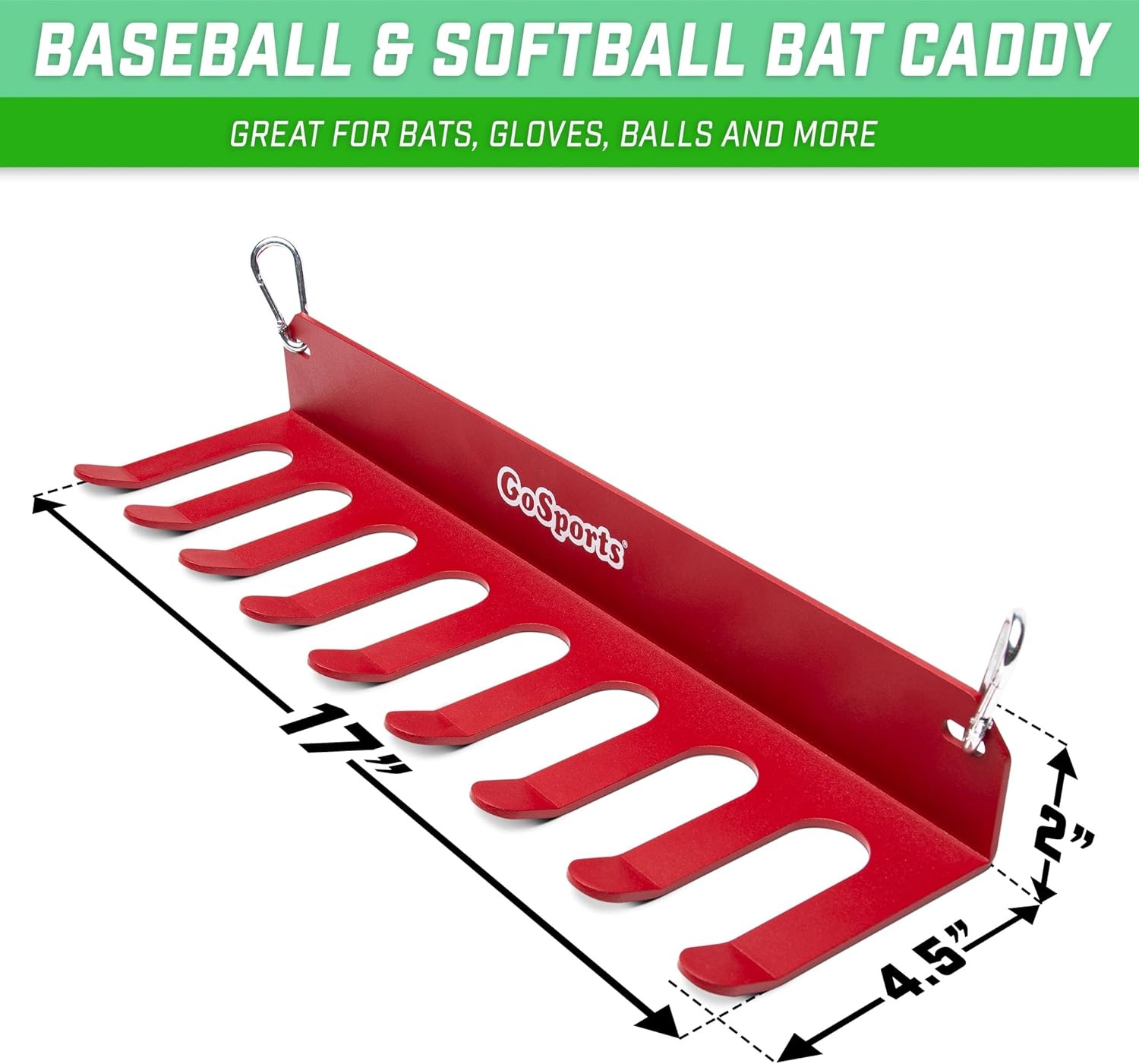GoSports Baseball & Softball Bat Racks – Black or Red, Holds 16 Bats – Mount on Wall or Clip on Dugout Fence(Red)