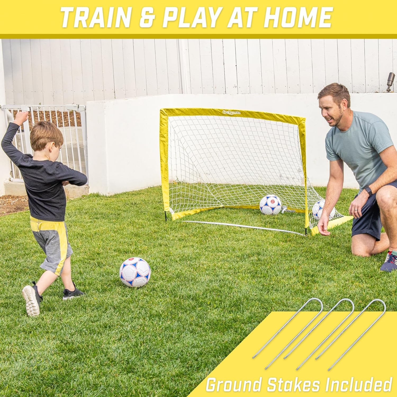 GoSports Portable Soccer Goals for Kids – 13 Color Options – Choose 4 x 3 ft or 6 x 4 ft – Team Tone Pop Up Nets for Backyard(Yellow)