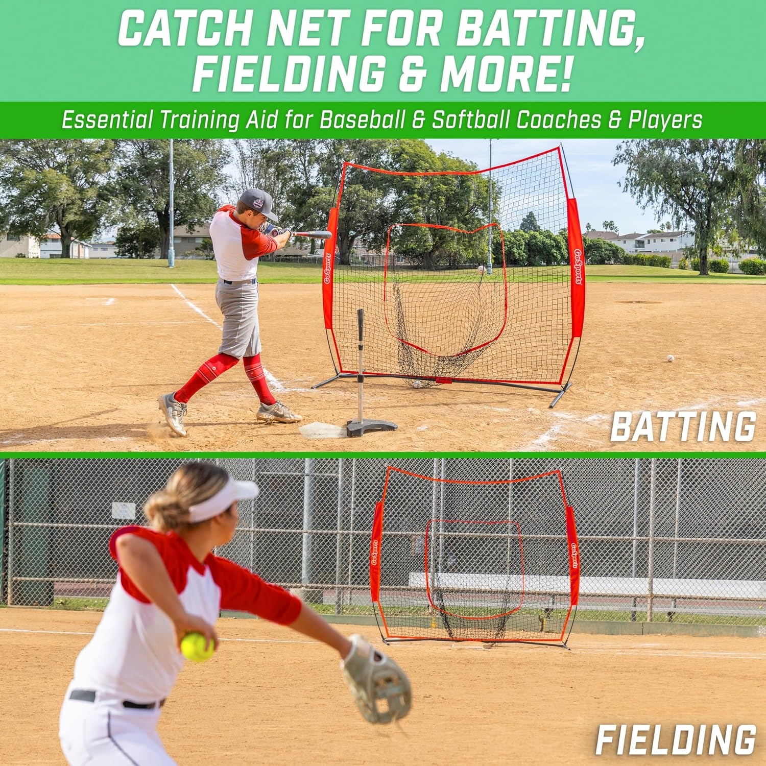 GoSports 7 x 7 ft Baseball & Softball Nets – Available in Team Colors – Batting & Pitching Net with Strike Zone(Red)