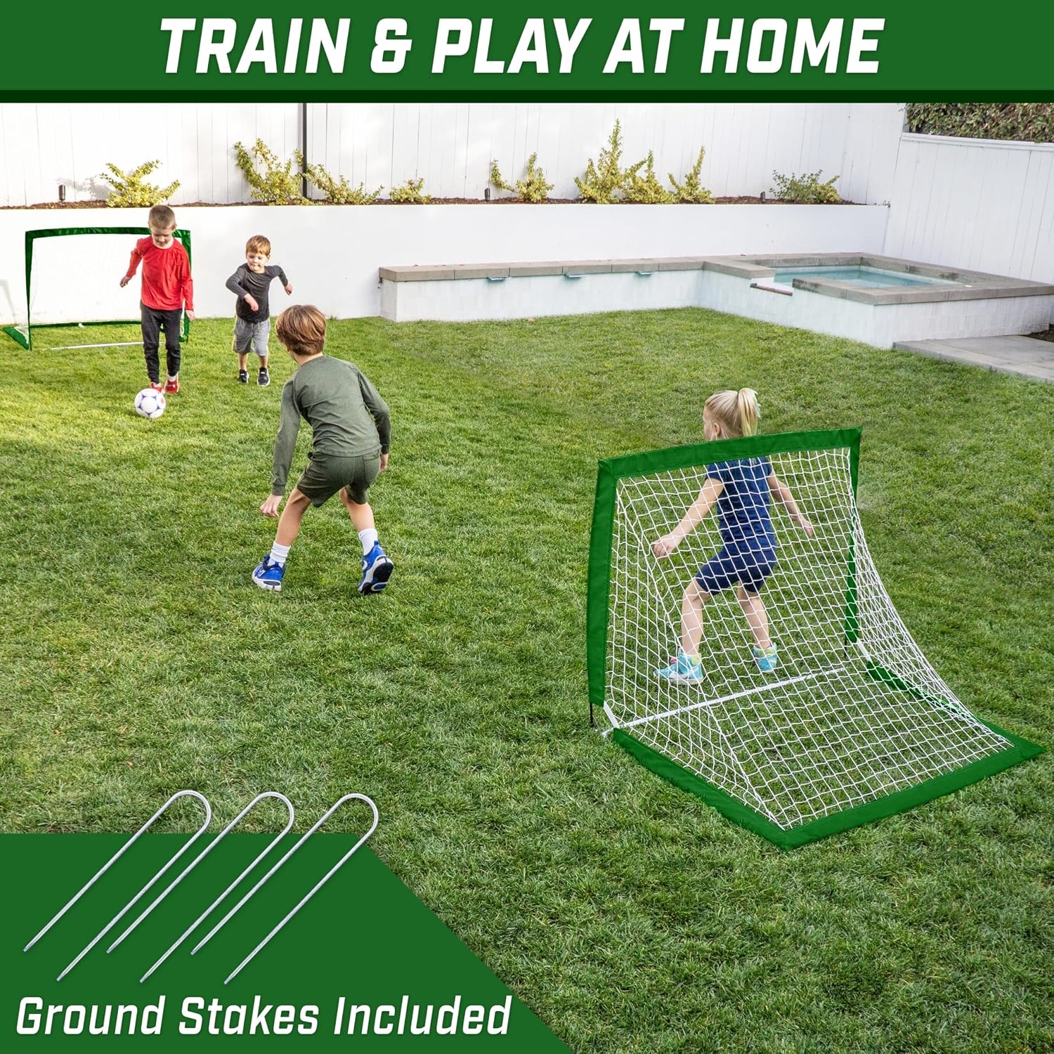 GoSports 4 x 3 ft Portable Soccer Goals for Kids – 13 Colors – Set of 2 Team Tone Pop Up Nets for Backyard(Dark Green)