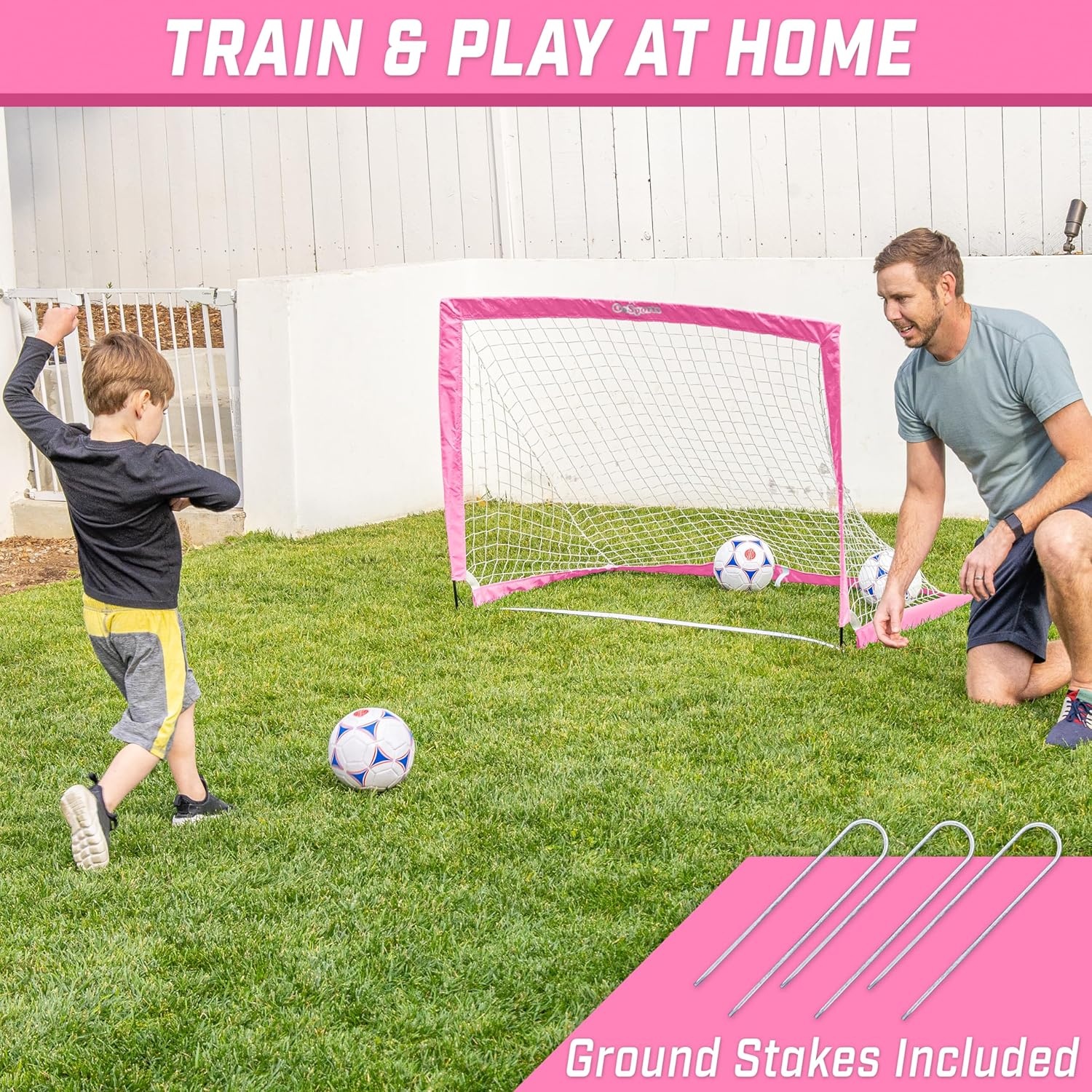 GoSports Portable Soccer Goals for Kids – 13 Color Options – Choose 4 x 3 ft or 6 x 4 ft – Team Tone Pop Up Nets for Backyard(Pink)