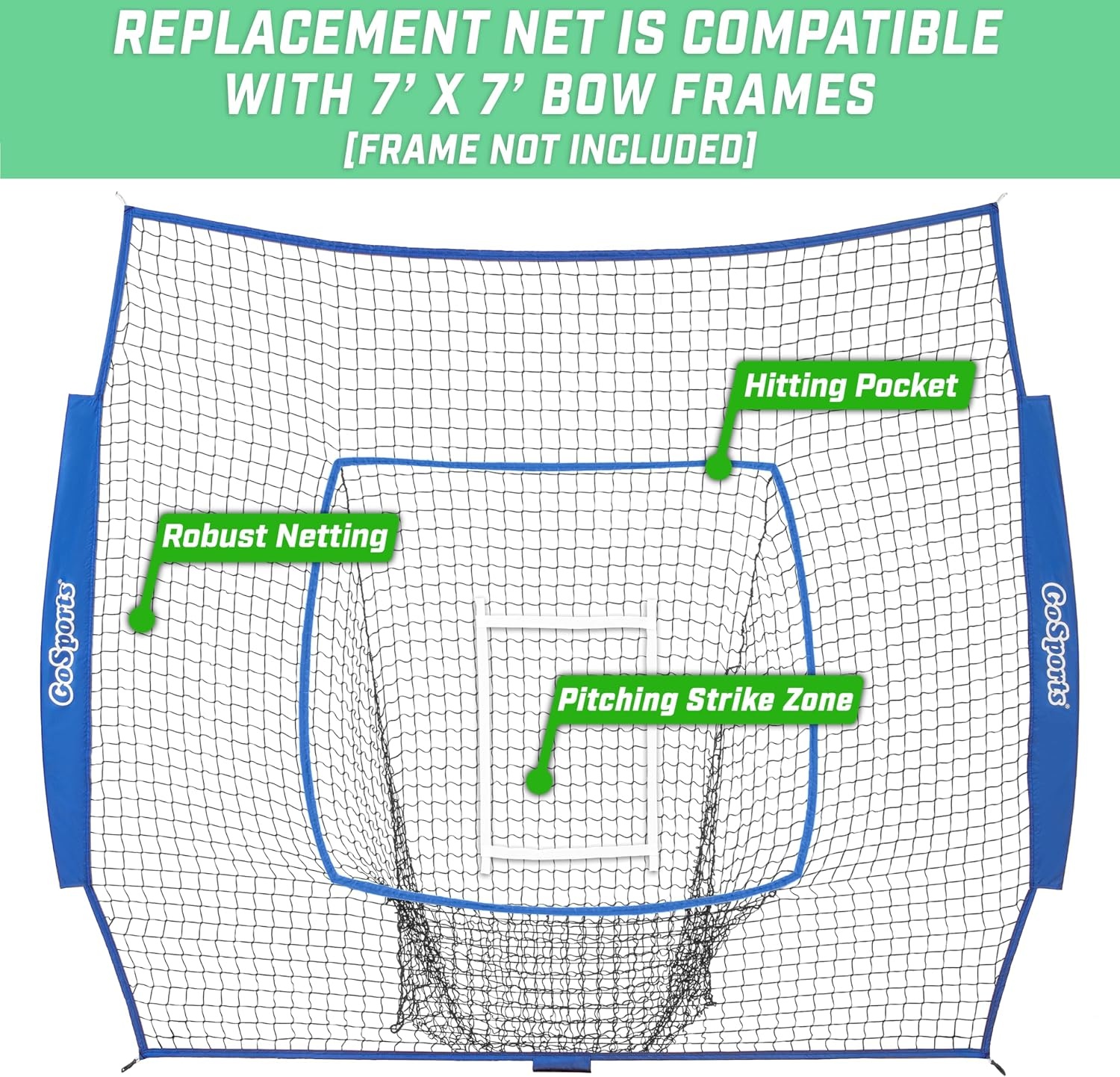 GoSports Replacement 7 x 7 ft Baseball Net – NET ONLY – Frame NOT Included – Choose Your Color(Royal)
