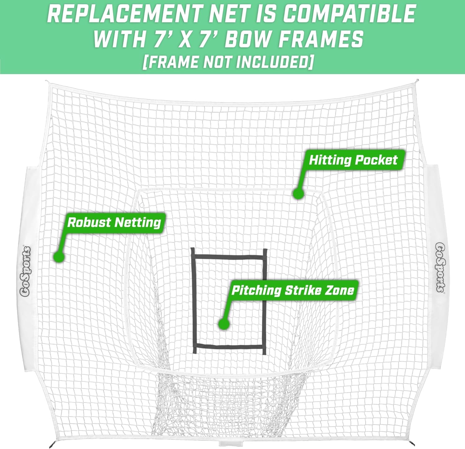 GoSports Replacement 7 x 7 ft Baseball Net – NET ONLY – Frame NOT Included – Choose Your Color(White)
