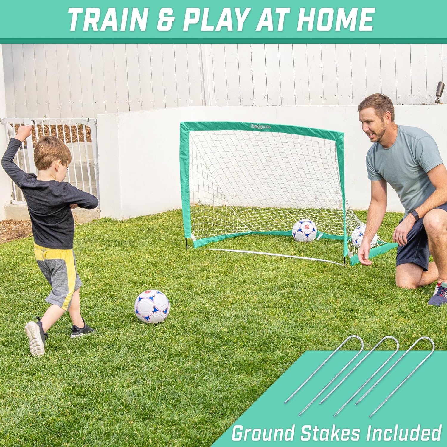 GoSports Portable Soccer Goals for Kids – 13 Color Options – Choose 4 x 3 ft or 6 x 4 ft – Team Tone Pop Up Nets for Backyard(Turquoise)
