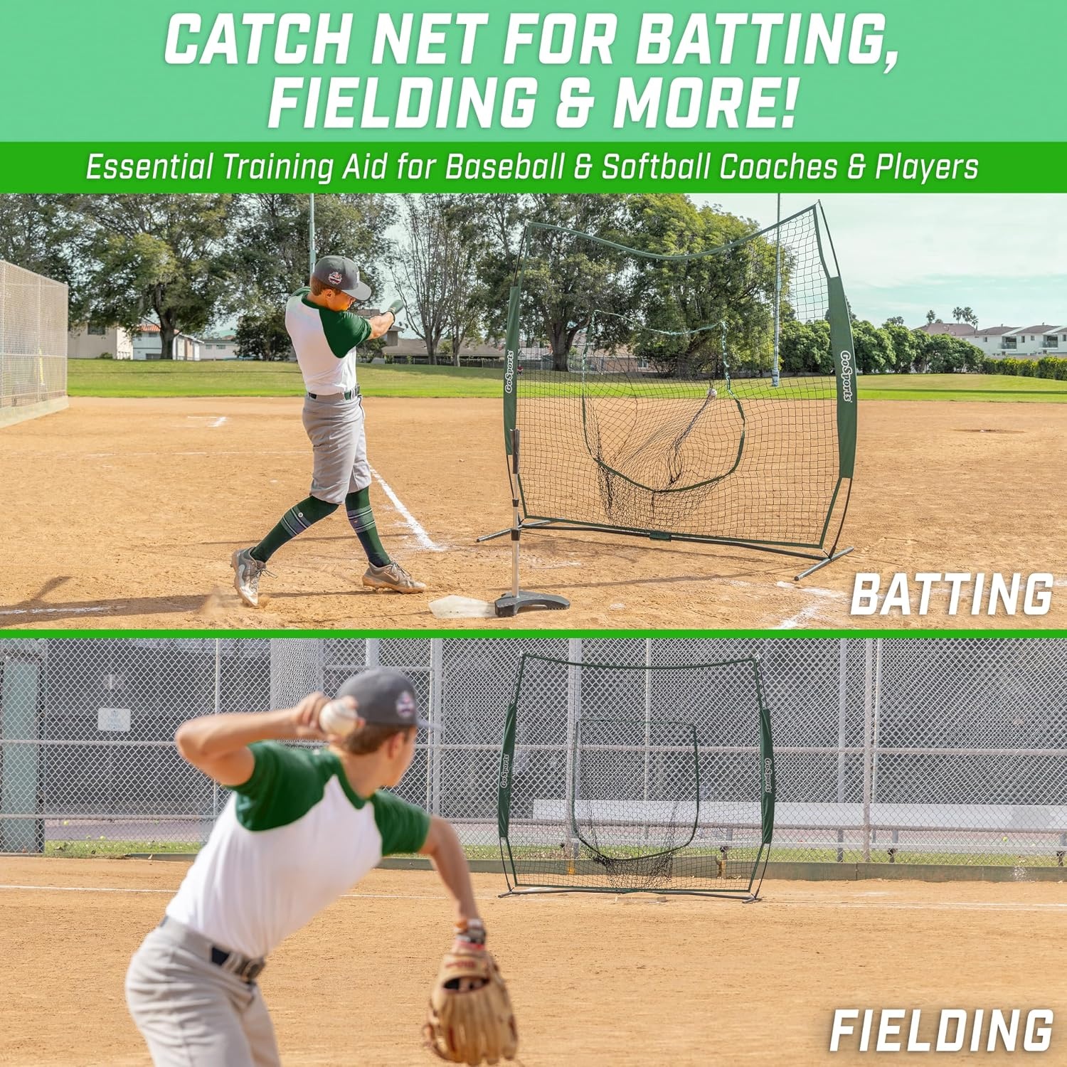 GoSports 7 x 7 ft Baseball & Softball Nets – Available in Team Colors – Batting & Pitching Net with Strike Zone(Green)