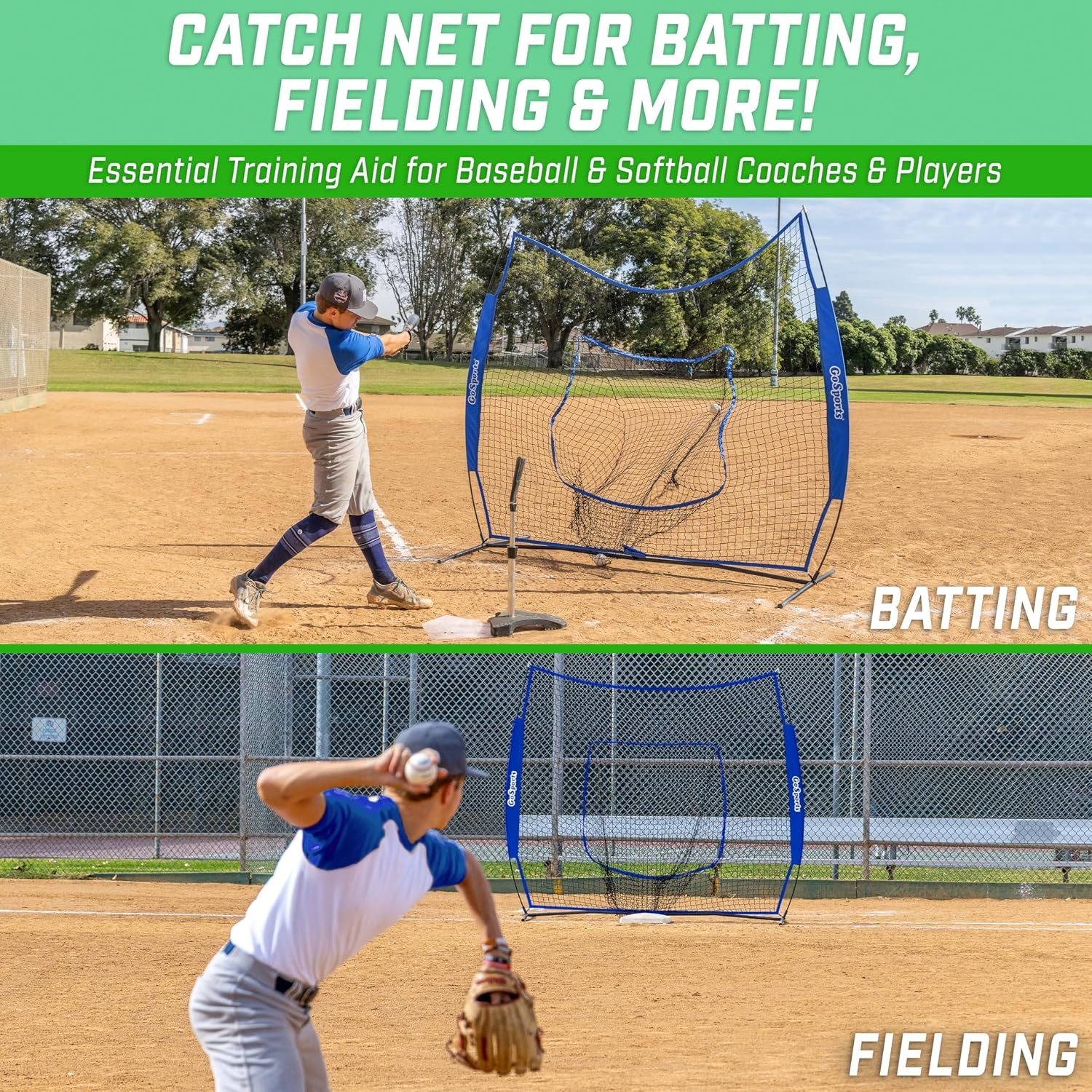 GoSports 7 x 7 ft Baseball & Softball Nets – Available in Team Colors – Batting & Pitching Net with Strike Zone(Royal)