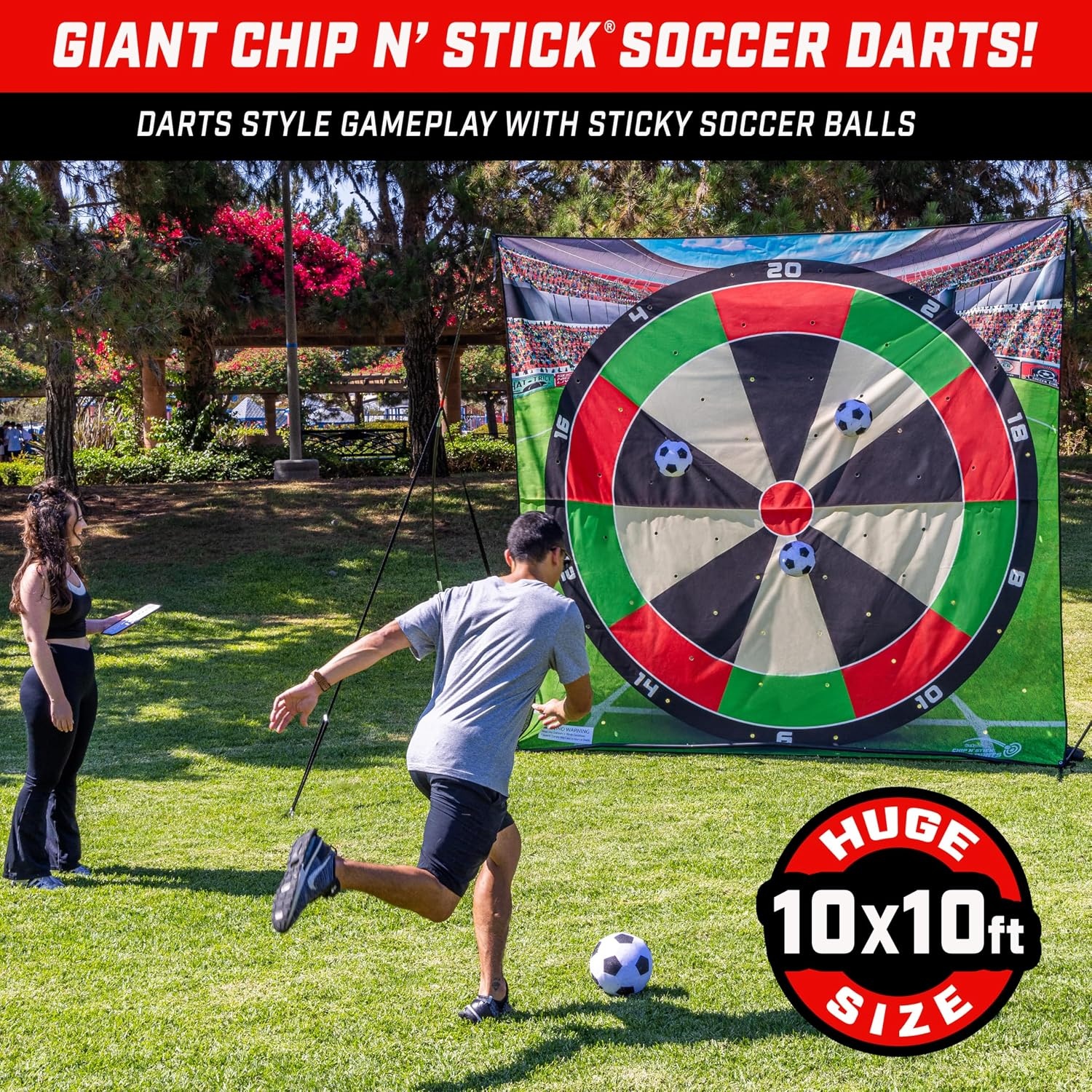 GoSports 10 FT Chip N’ Stick Soccer Darts – Giant Kick Darts Game for Kids & Adults – Includes 4 Sticky Soccer Balls, Tote Bag, & Carry Case