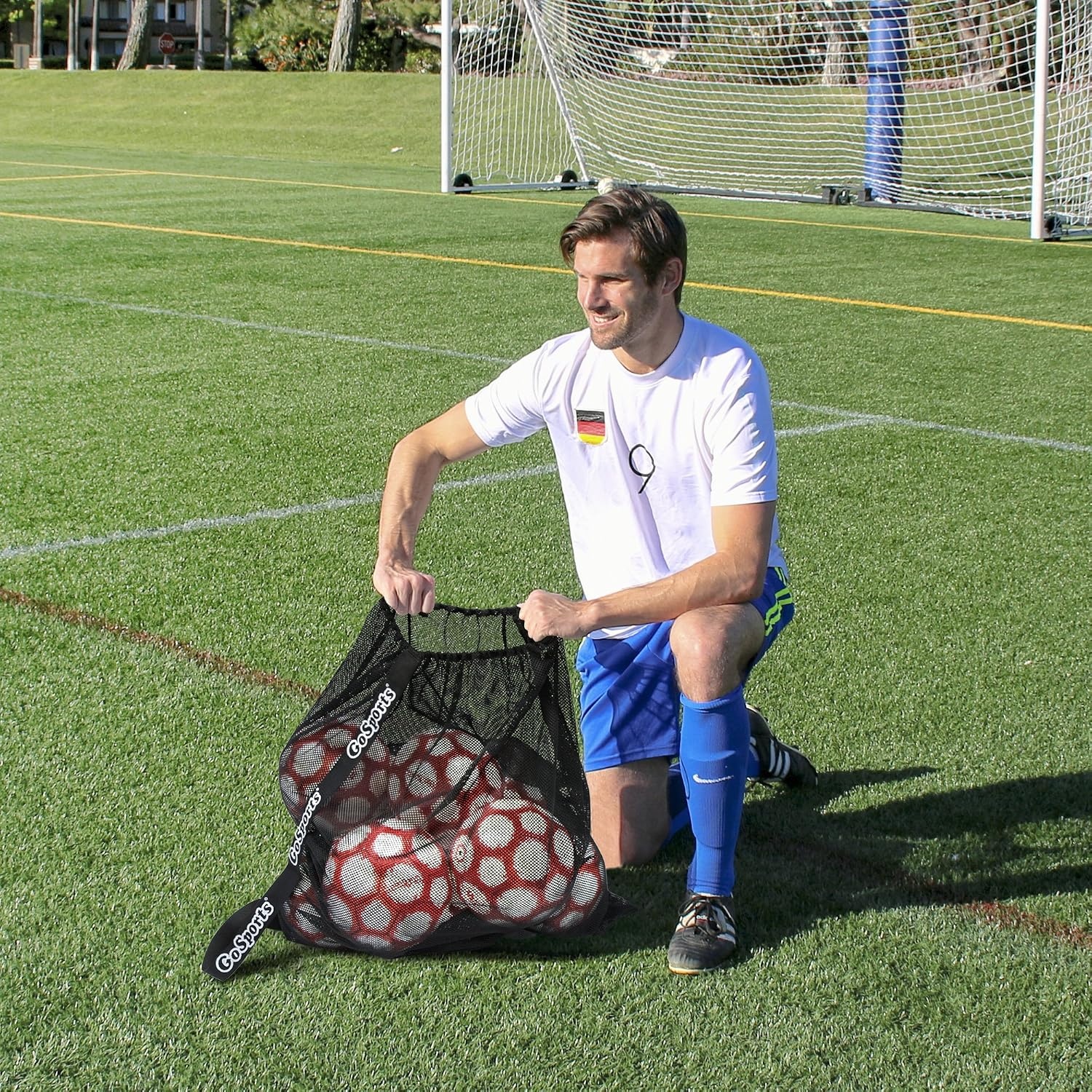GoSports Premium Mesh Ball Bag with Sport Ball Pump, Black, Full Size