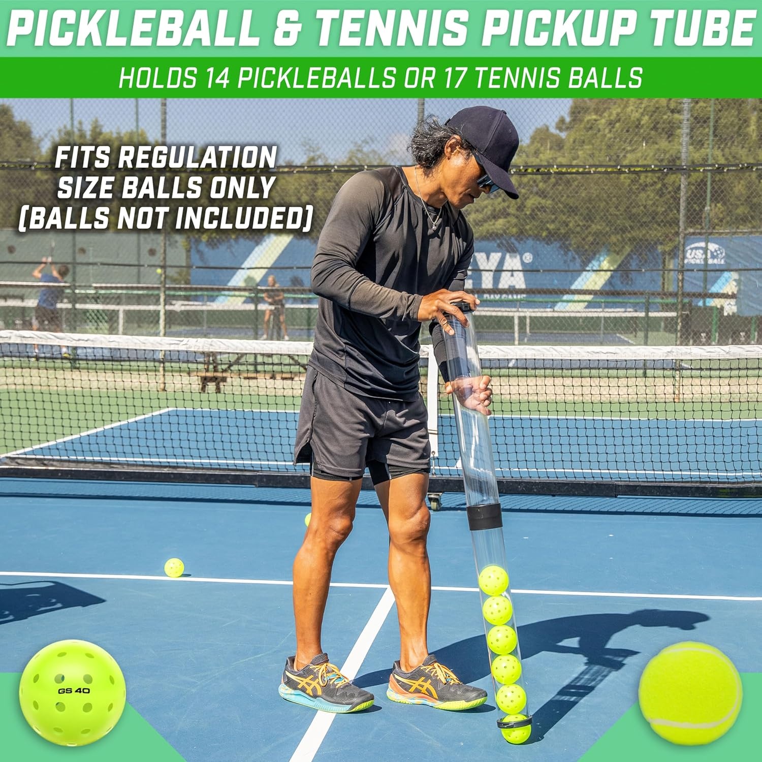 GoSports Pickleball & Tennis Pickup Tube – Ball Retreiver and Holder, Fits 14 Pickleballs or 17 Tennis Balls – No Balls Included
