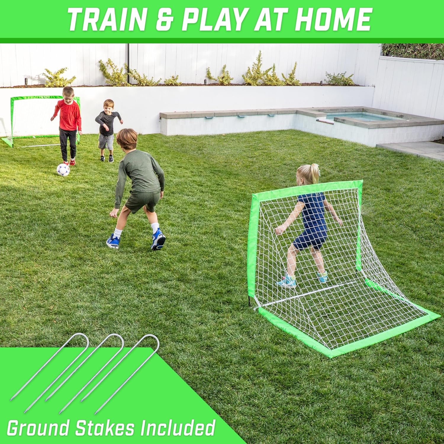 GoSports 4 x 3 ft Portable Soccer Goals for Kids – 13 Colors – Set of 2 Team Tone Pop Up Nets for Backyard(Bright Green)