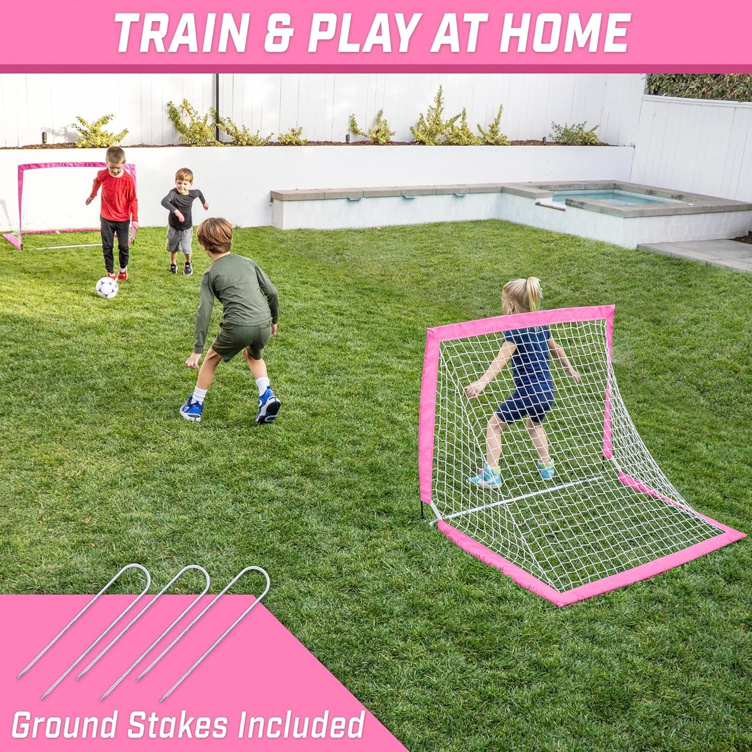GoSports 4 x 3 ft Portable Soccer Goals for Kids – 13 Colors – Set of 2 Team Tone Pop Up Nets for Backyard(Pink)