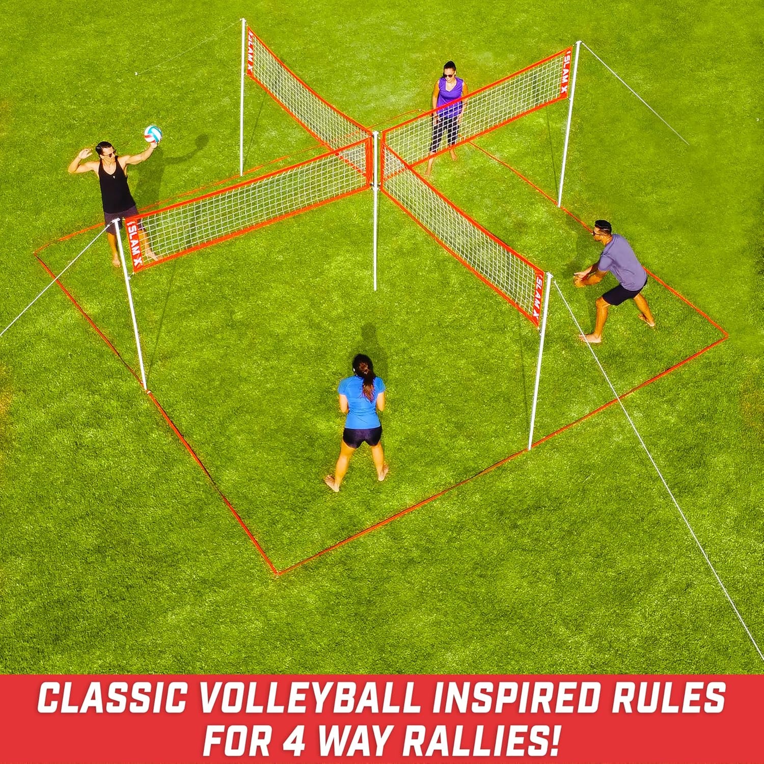 GoSports Slam X 4 Square Volleyball Game Set – 14 ft or 21 ft – Ultimate Backyard & Beach Game for All Skill Levels(21 x 21 ft)