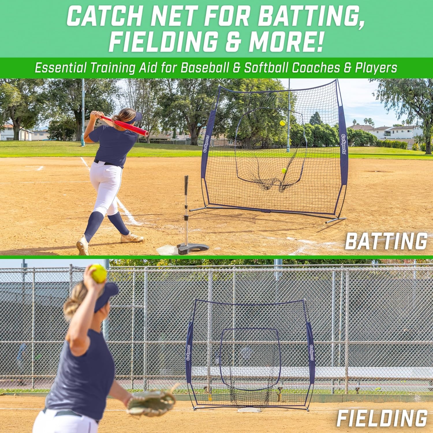 GoSports 7 x 7 ft Baseball & Softball Nets – Available in Team Colors – Batting & Pitching Net with Strike Zone(Navy)
